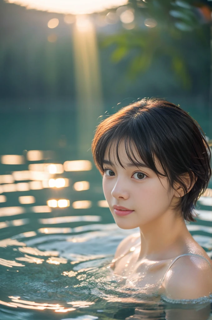 20 year old beautiful girl、Highest image quality、realistic、16K、beautiful woman、Pixie Cut、wet body and hair、(RAW Photos, 最high quality), (Realistic, Realistic:1.2),high quality, 1 girl,Delicate face,Underwater,The sun shines on the water,