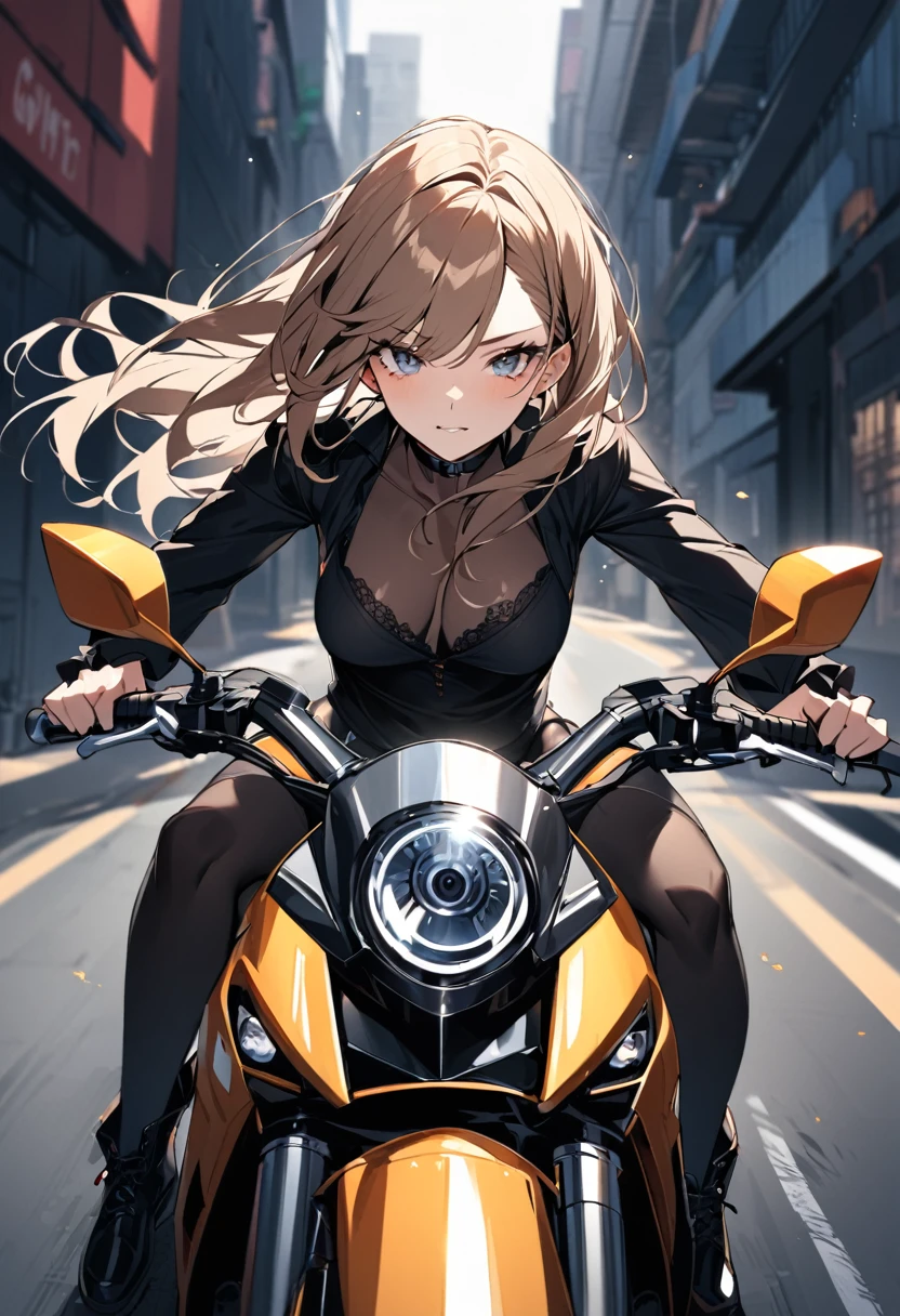 The girl is sitting sensually on a motorbike, looking directly at the camera. She wears dark leggings, a dark blouse and black boots. Don&#39;t forget to highlight that she is on the bike, posing provocatively.