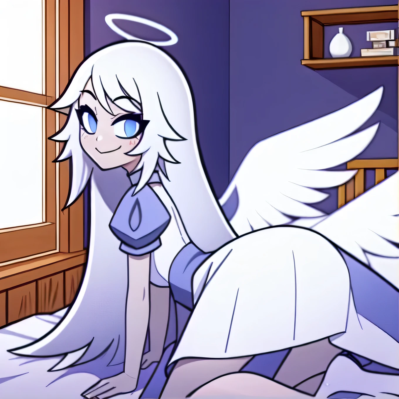 (bedroom:1.1, blue bed, ass, ass grab by boy in aggressive way,  wooden shelves, wooden window to outside), looking at viewer, a girl, (laying on bed, legs), angel, angel wings, blue eyes, colored skin, Emily, grey skin:1.2, halo, light blue sclera, long hair, closed mouth, , smile, very long hair, white dress, white hair,  