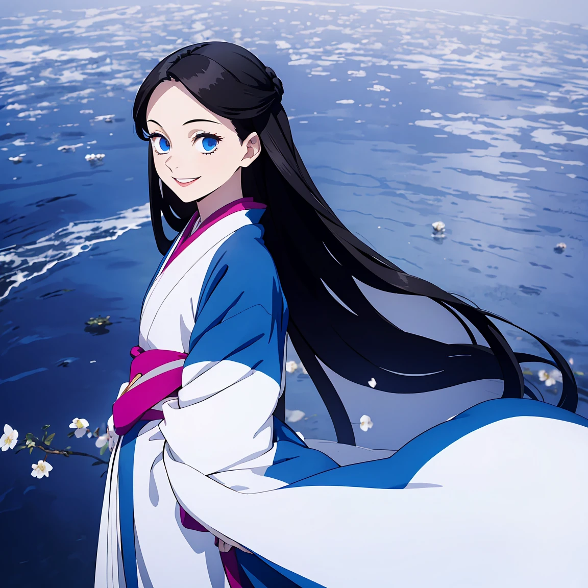 (1 girl, white long straight hair, blue eyes), kimono, black hair, (from front), face focus, smile, (half-up half-down hairstyle), ( girl), big smile