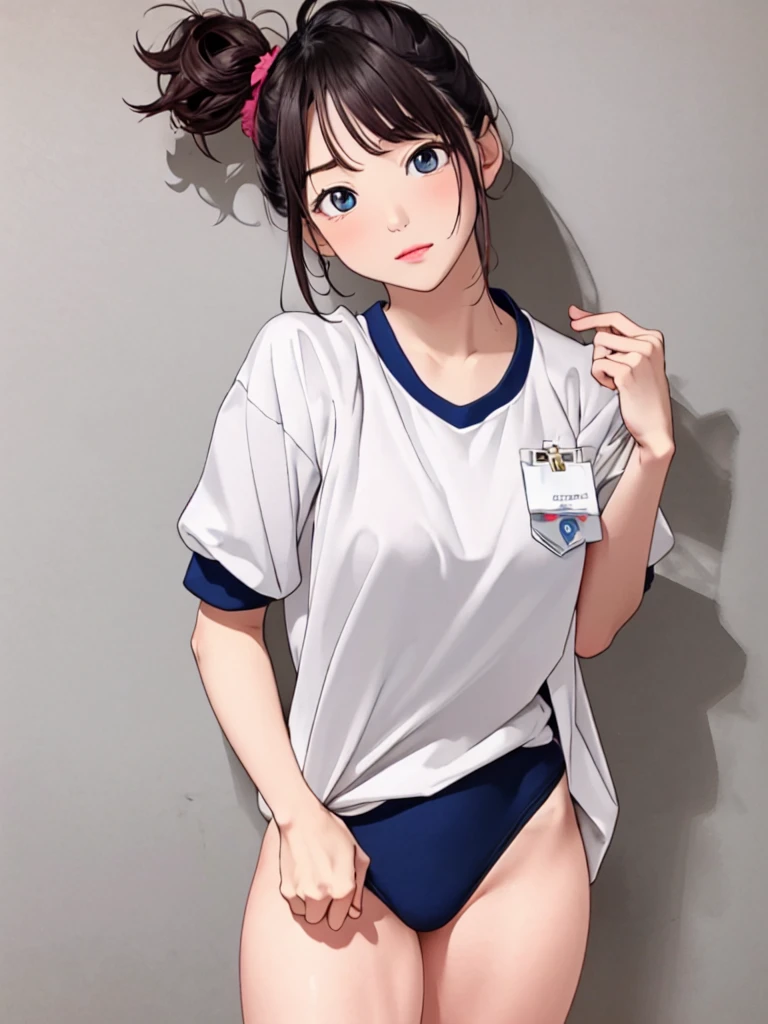 masterpiece, best quality, highres,30-year-old,Sexy pose,Unusually beautiful and large eyes,A well-balanced and toned body,hanazawakana,(buruma:1.5),blue buruma,gym uniform,simple background,standing, cowboy shot,hand101,