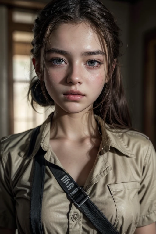 beautiful ager, small breasts, beautiful face, war nurse, soldier uniform, in the middle of a war, High quality ultra-realistic image, masterpiece, HD,