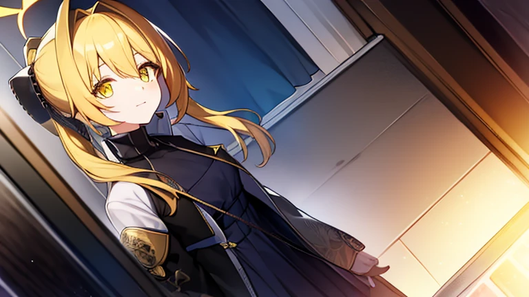 tanga_ibuki, 1female, ponytail hair, yellow hair, gold eyes, yellow halo above, smiling, visual novel cg style, standing, BREAK looking at viewer, BREAK (masterpiece:1.2), best quality, high resolution, unity 8k wallpaper, (illustration:0.8), (beautiful detailed eyes:1.6), extremely detailed face, perfect lighting, extremely detailed CG, (perfect hands, perfect anatomy)