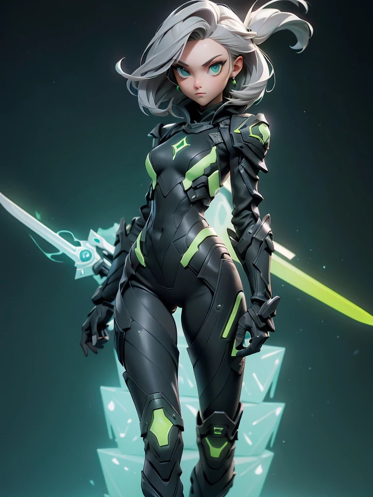 ((Best Quality)), ((Masterpiece)), ((Realistic)),((full body shot)) slender, cute girl with short stylish grey hair and vibrant green eyes. She wears a tight-fitting, Black + white + green glowing sleek suit with high-tech boots and chestplates. The outfit includes matching vambraces, all in a futuristic, high-tech design. She wields a high-tech sword, adorned with glowing lights along the blade and hilt. The girl's expression is calm and focused, complementing her stylish, advanced gear.
