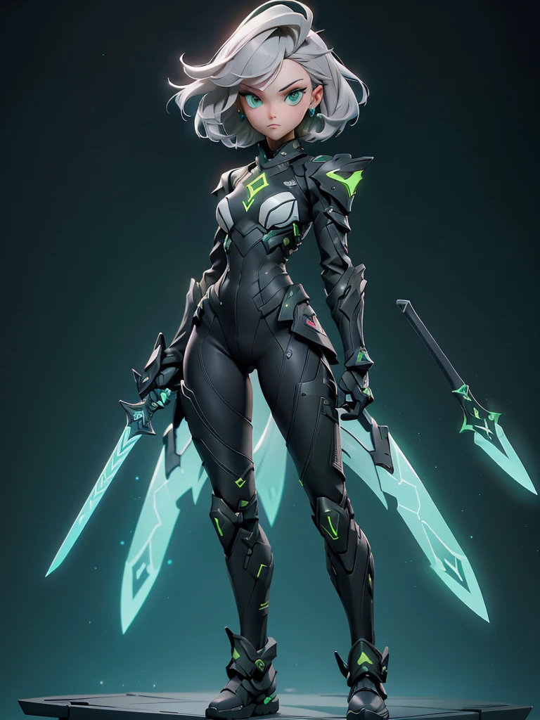 ((Best Quality)), ((Masterpiece)), ((Realistic)),((full body shot)) slender, cute girl with short stylish grey hair and vibrant green eyes. She wears a tight-fitting, Black + white + green glowing sleek suit with high-tech boots and chestplates. The outfit includes matching vambraces, all in a futuristic, high-tech design. She wields a high-tech sword, adorned with glowing lights along the blade and hilt. The girl's expression is calm and focused, complementing her stylish, advanced gear.