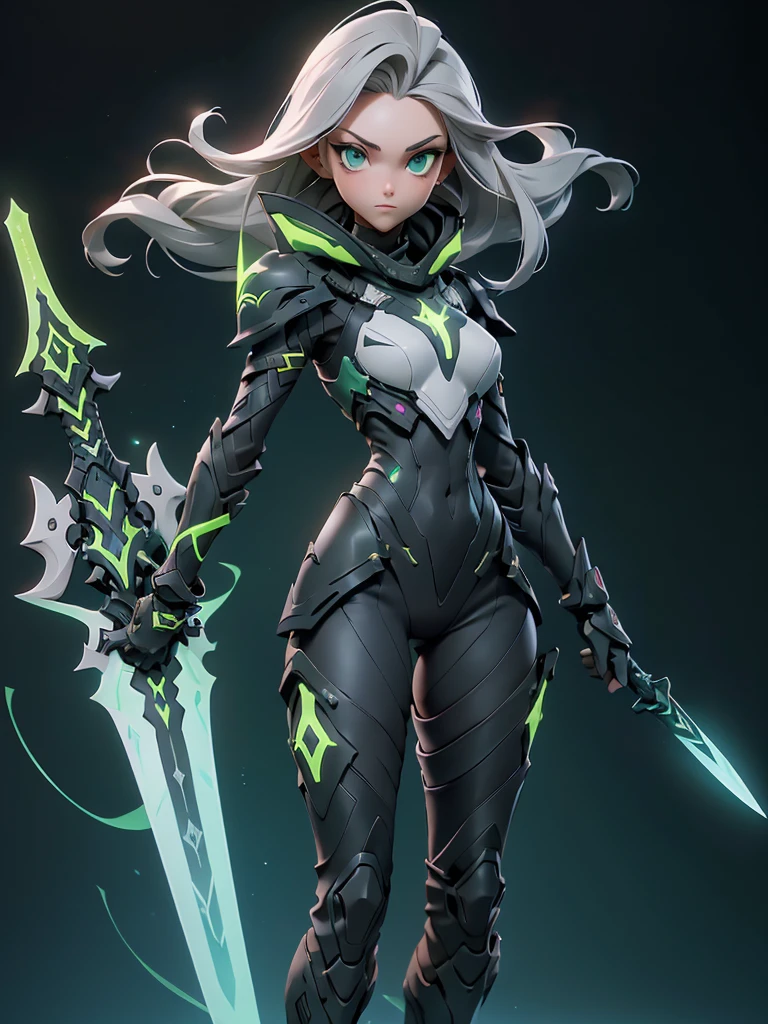 ((Best Quality)), ((Masterpiece)), ((Realistic)),((full body shot)) slender, cute girl with short stylish grey hair and vibrant green eyes. She wears a tight-fitting, Black + white + green glowing sleek suit with high-tech boots and chestplates. The outfit includes matching vambraces, all in a futuristic, high-tech design. She wields a high-tech sword, adorned with glowing lights along the blade and hilt. The girl's expression is calm and focused, complementing her stylish, advanced gear.