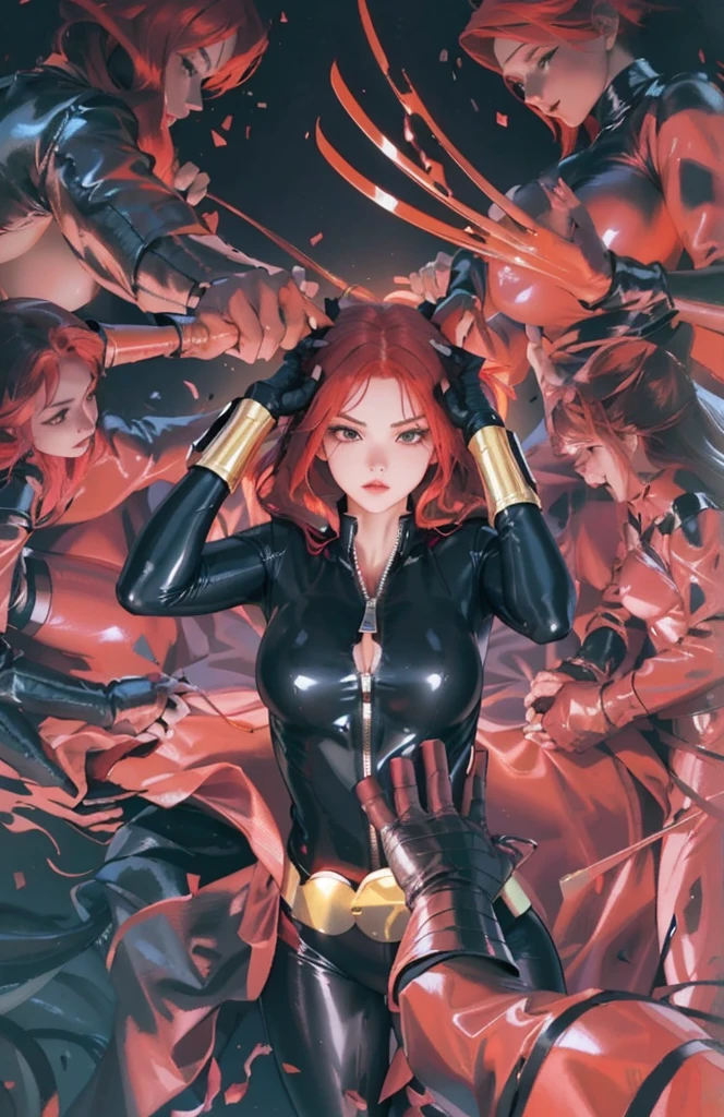 The image displays a red-haired woman in a sleek skin-tight shiny black latex bodysuit with a deep-cut zipper neckline revealing a large chest, the silver zipper running down the front
 adorned with gold wrist guards and belt, standing with her hands on her head against a red background. She is surrounded by numerous red hands or claws extending toward her from all directions, creating an intense, dramatic atmosphere and indicating some form of impending threat. Her posture suggests determination and readiness, painting her as a figure of power or heroism amid the danger.