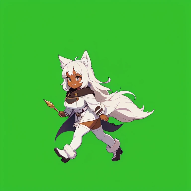 Dark-skinned wolf-eared monster girl、Pixel art of an anime-style girl with large wolf ears on her head、A girl with a fluffy tail、Light-colored mid-length hair、Western fantasy-style evil cult nun outfit、Western fantasy-style female cult priestess outfit、A Western fantasy-style evil cult warrior girl、Very big super busty、Plump lower body、Wearing thigh-high boots、Illustration of the whole body from the side to the feet、Wearing a seal coat、Wearing a fluffy long coat、Dark brown skin、A grinning face like a brat、(Wearing a priest&#39;s hat)