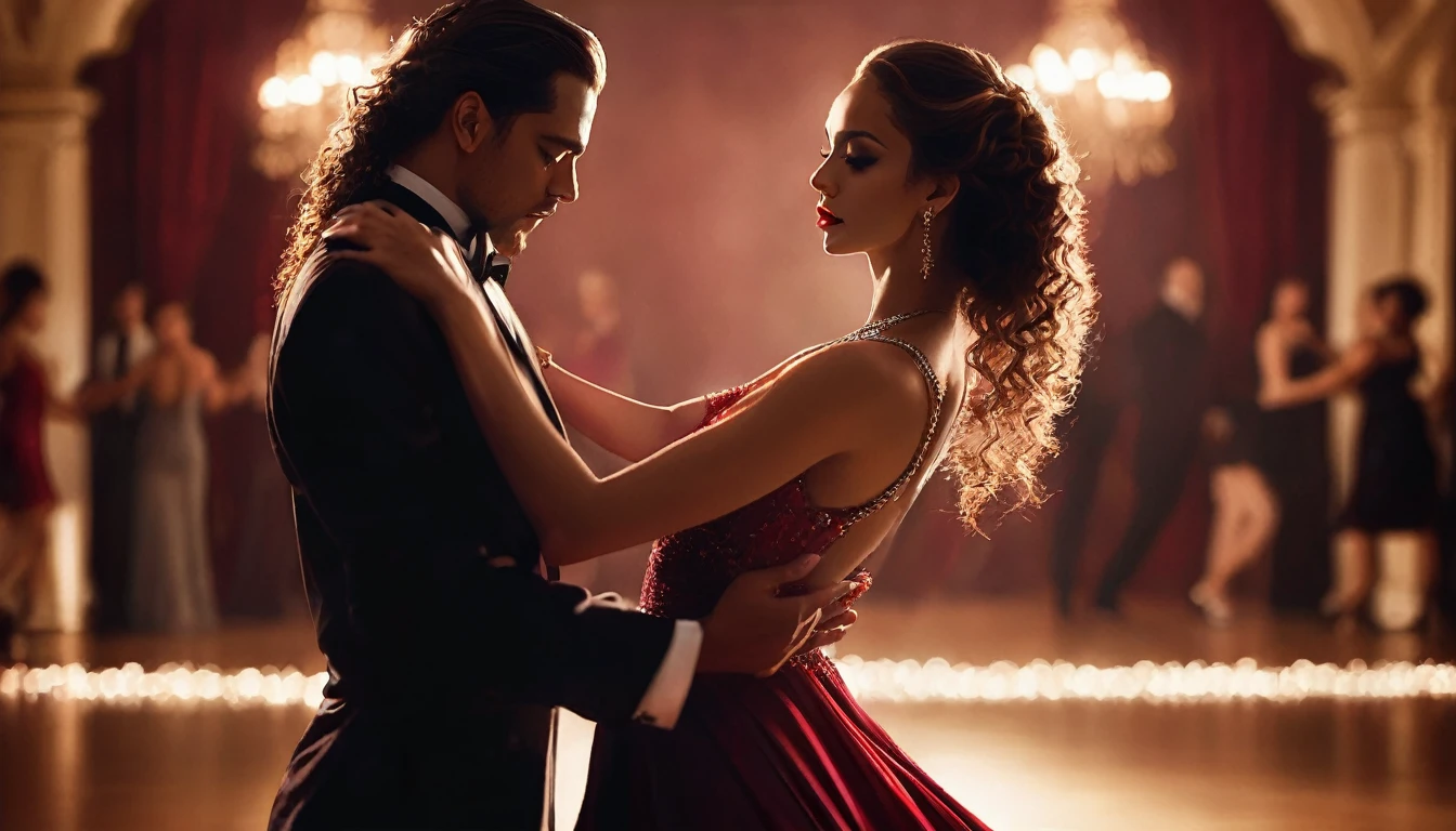 a well-dressed couple dancing in a dimly lit room at night, elegant ballroom dance, beautiful detailed eyes, beautiful detailed lips, intricate red long sexy body cone dress, long curly hair untied, hands cuffed with chain, dramatic lighting, soft focus, cinematic composition, warm color tones, high quality, detailed, photorealistic