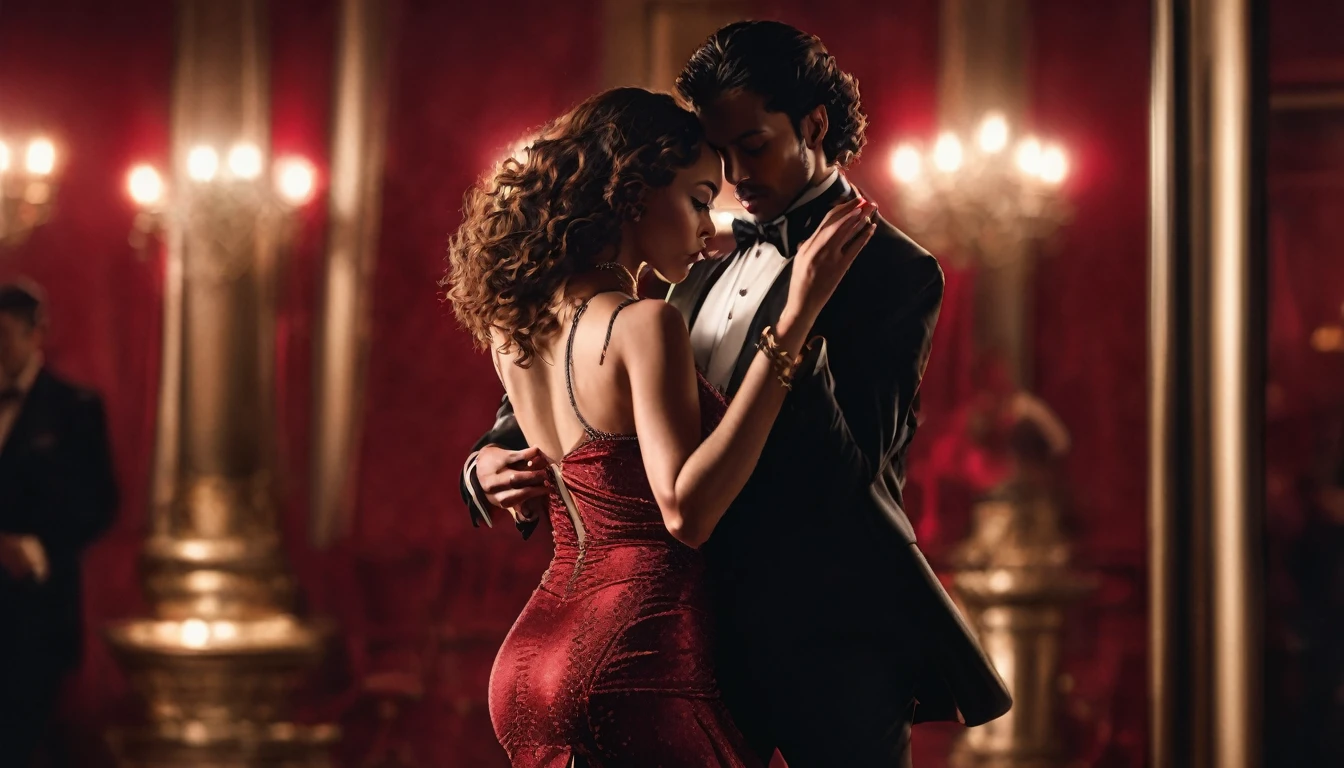 a well-dressed couple dancing in a dimly lit room at night, elegant ballroom dance, beautiful detailed eyes, beautiful detailed lips, intricate red long sexy body cone dress, long curly hair untied, hands cuffed with chain, dramatic lighting, soft focus, cinematic composition, warm color tones, high quality, detailed, photorealistic