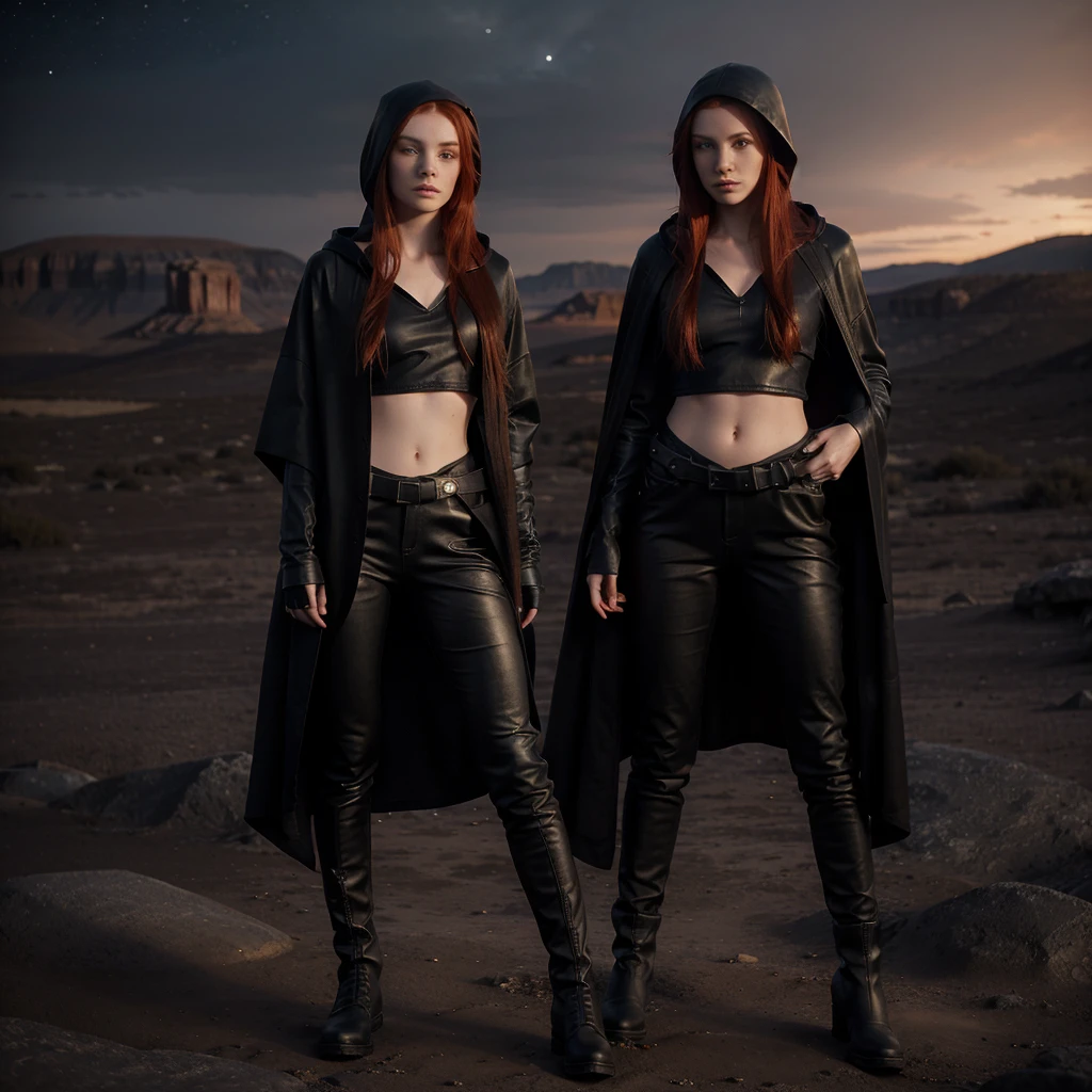 20 year old, woman with very pale skin, long red hair which is tied back, wearing a hooded long black cloak with the hood up, tight black leather trousers, long leather boots and a black short top with a v neck, she is holding a red lightsaber. she is standing in a rocky desert with a dark red sky and stars