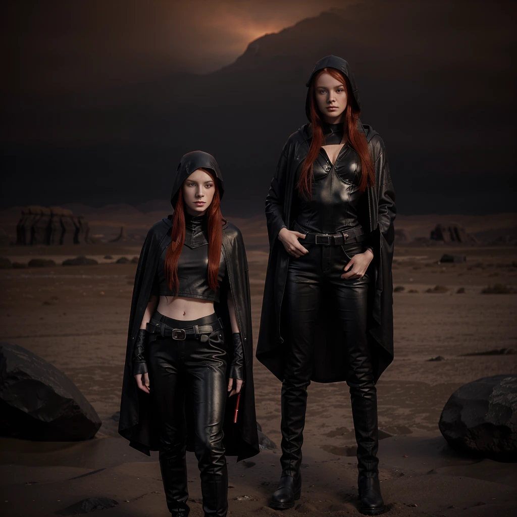 20 year old, woman with very pale skin, long red hair which is tied back, wearing a hooded long black cloak with the hood up, tight black leather trousers, long leather boots and a black short top with a v neck, she is holding a red lightsaber. she is standing in a rocky desert with a dark red sky and stars