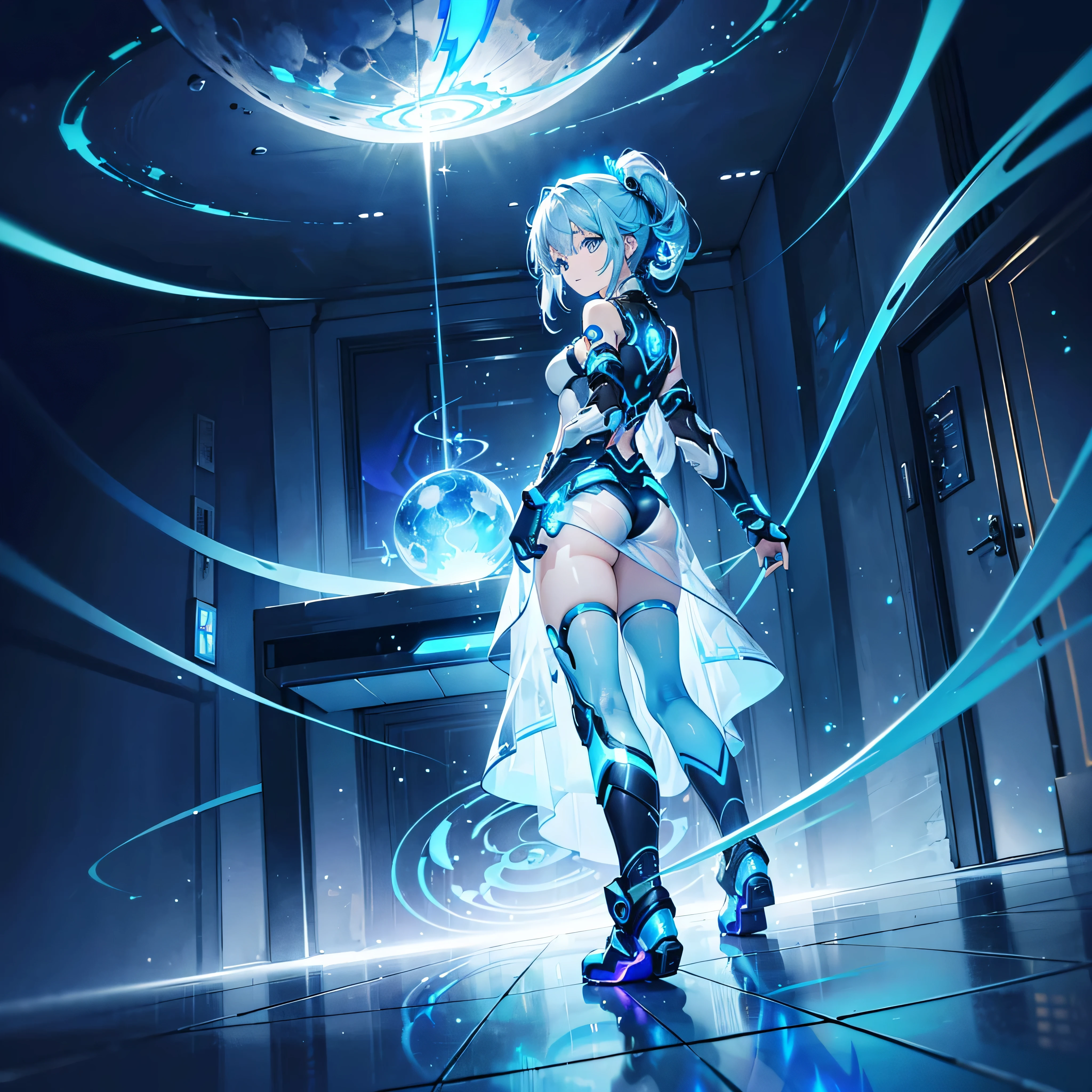 ((Holographic glow effect)),8k, Highest quality, (real:1.4), Original photo, 1 girl, Asari Hair, Biological Amplifier, Very sleek and futuristic armor, posture: Peace talks between warring factions,,attention arousal, smart blue eyes,A modest smile,Knee-high boots,Patent-look blue tights,Blue big moon and blue light swirl in the background,Blue light from behind,blue light magic,A small, glowing blue ball in the palm of your hand,Blue flame swirl,Blue Comet,Polished floor,