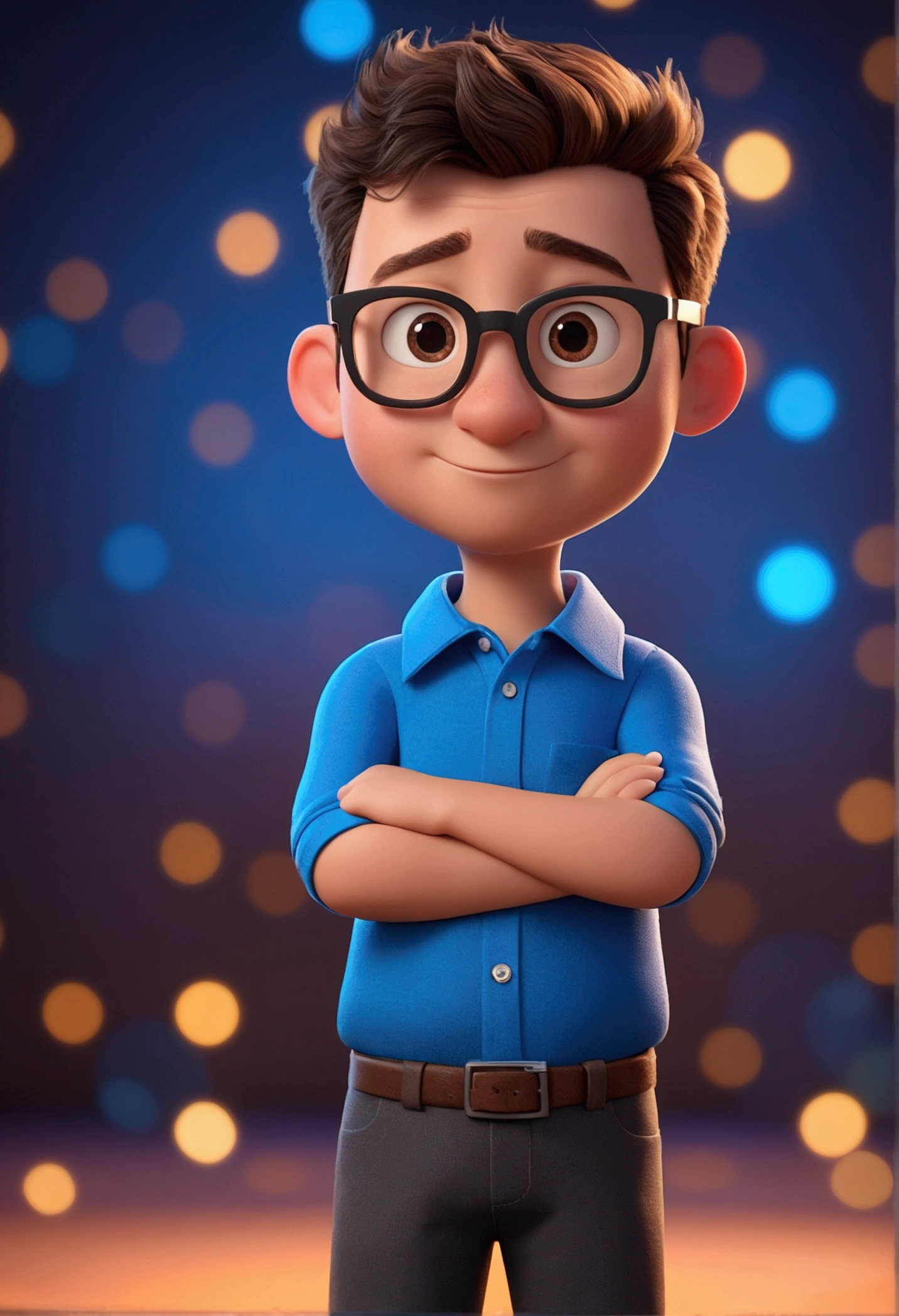 Cartoon character of a man with black glasses and a blue shirt, animation character, Caractere estilizado, animation style rendering, 3D estilizado, 3 d render stylized, toon render keyshot, Personagem 3D, Personagem 3D, 3d rendering stylized, 3 d character render, personagem de desenho animado, Pose de personagem,  (Estilo Pixar) (master part:1.2) (Bokeh) (best quality) (pele detalhada) (textura detalhada) (8k) (argila) (Cinematic lighting) (foco nítido