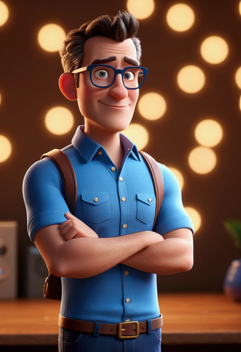 Cartoon character of a man with black glasses and a blue shirt, animation character, Caractere estilizado, animation style rendering, 3D estilizado, 3 d render stylized, toon render keyshot, Personagem 3D, Personagem 3D, 3d rendering stylized, 3 d character render, personagem de desenho animado, Pose de personagem,  (Estilo Pixar) (master part:1.2) (Bokeh) (best quality) (pele detalhada) (textura detalhada) (8k) (argila) (Cinematic lighting) (foco nítido