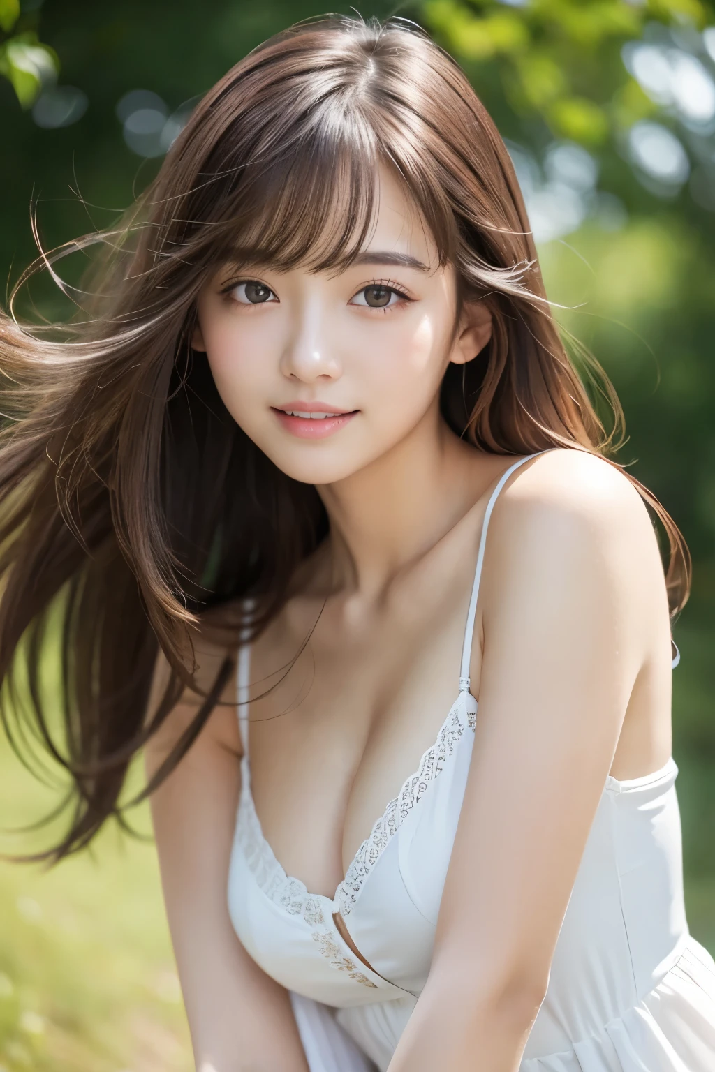  photo realistic,finely detail, hight resolution, hightquality、Perfect dynamic composition, Beautiful detailed eyes, Medium Hair, 、Natural Color Lip,Shibuya、25 years girl、1 persons、Transparent skin、Glowing hair、masutepiece, Best Quality,  looking at viewer, smile,Ultra-detailed, finely detail, hight resolution, 8K、The correct state of the human body、crouching down、Gravure Model Pose，Hair soaring in the wind