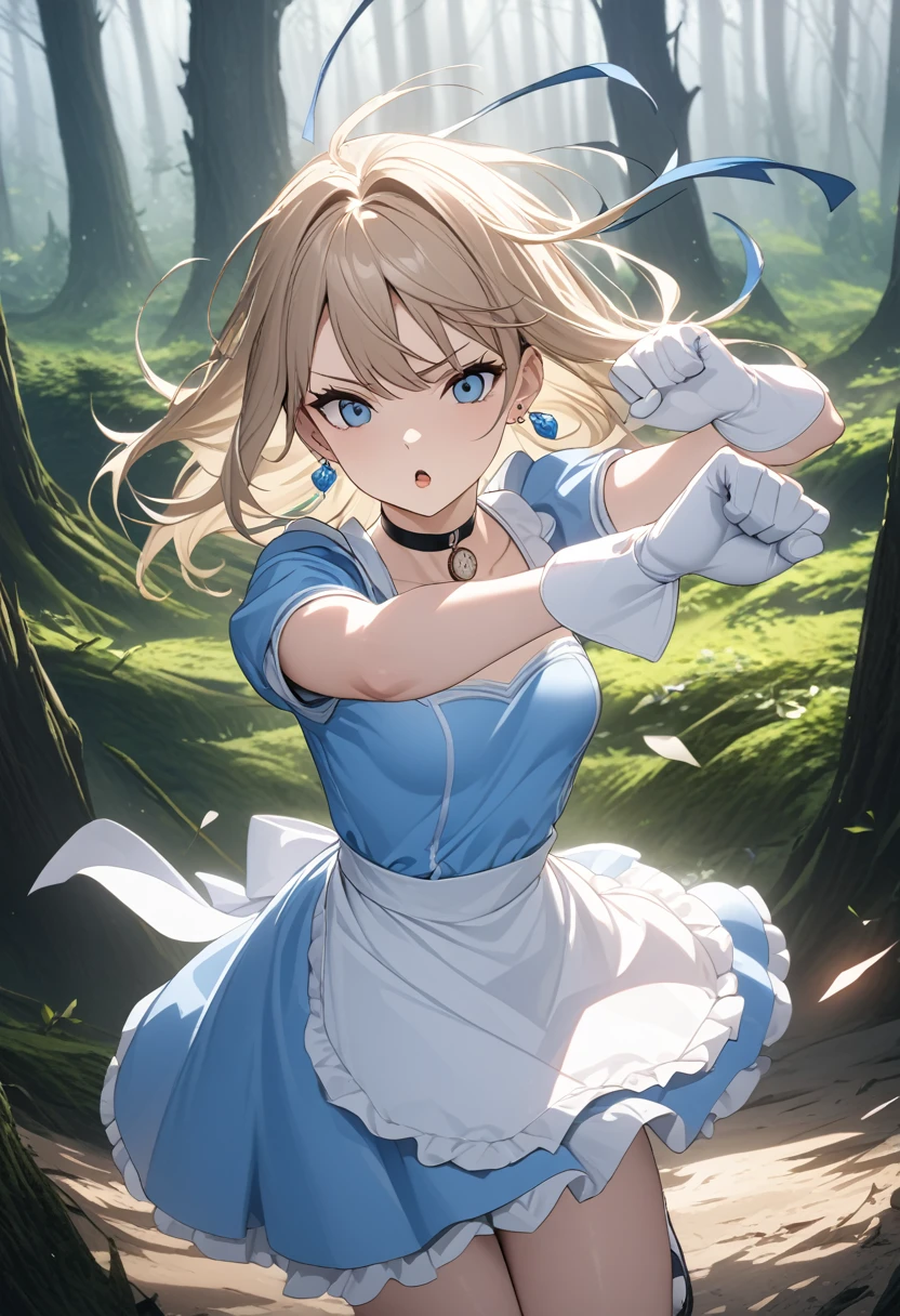 a girl, Clear face, semi long, blonde, blue eyes, radiant eyes, big eyes, big hair ribbon, blue dress with white apron, cute, beautiful, fantasy, light atmosphere, mystical atmosphere, in a bright and colorful world, anime, hard-edged, best quality, insanely detailed, exquisite, beautiful, Full-HD, 16K, highres, aiming at viewer, sunlight, dramatic lighting, best light, dynamic lighting, Dynamic Action Poses for Battle Scenes, Fighting stance, in the classic forest, Fluttering playing cards, Alice in the wonderland, 