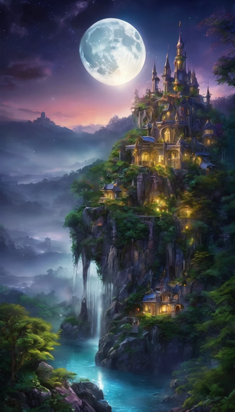 Illustrious property, elven style, very ancient magic, embedded in the rocks and ornate, water fountain flows between the rocks,
castle hidden in the enchanted forest, very illuminated interior, sumptuous staircases shrouded in mystery and abundant vegetation of iridescent and holographic flowers and butterflies, described in the charm of ancient words, illuminated by the golden houer almost at night, a large full moon among the shadowy clouds, image in the best quality.UHD.