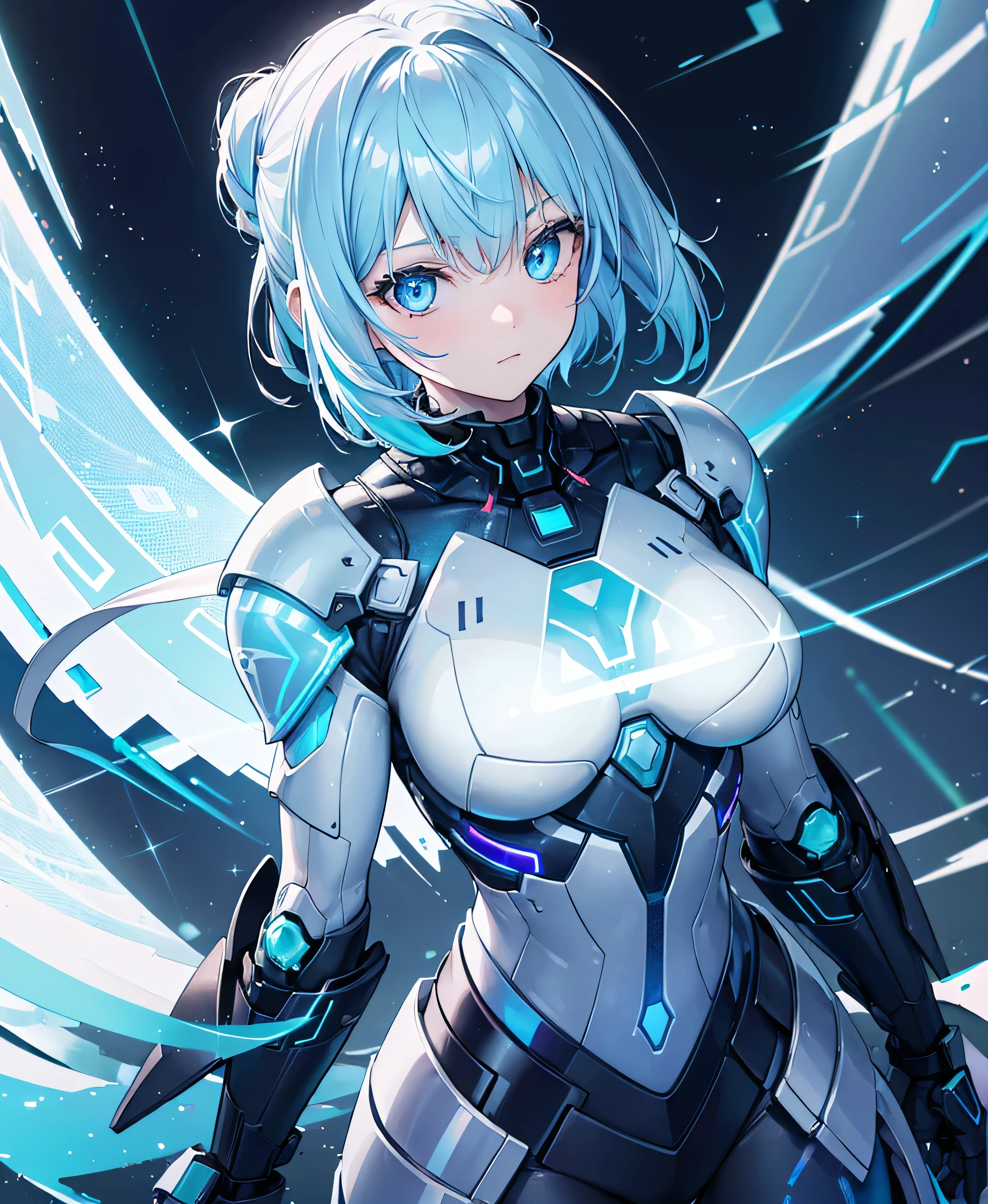 ((Holographic glow effect)),8k, Highest quality, (real:1.4), Original photo, 1 girl, Asari Hair, Biological Amplifier, refined armor, posture: Peace talks between warring factions, smart blue eyes,whole body