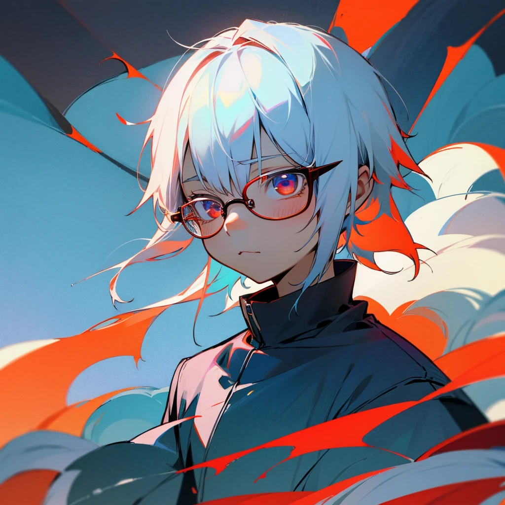 Shota,fox,cute,White and blue hair,(Advanced),White hair,Red pupil,Black glasses,front,Upper Body