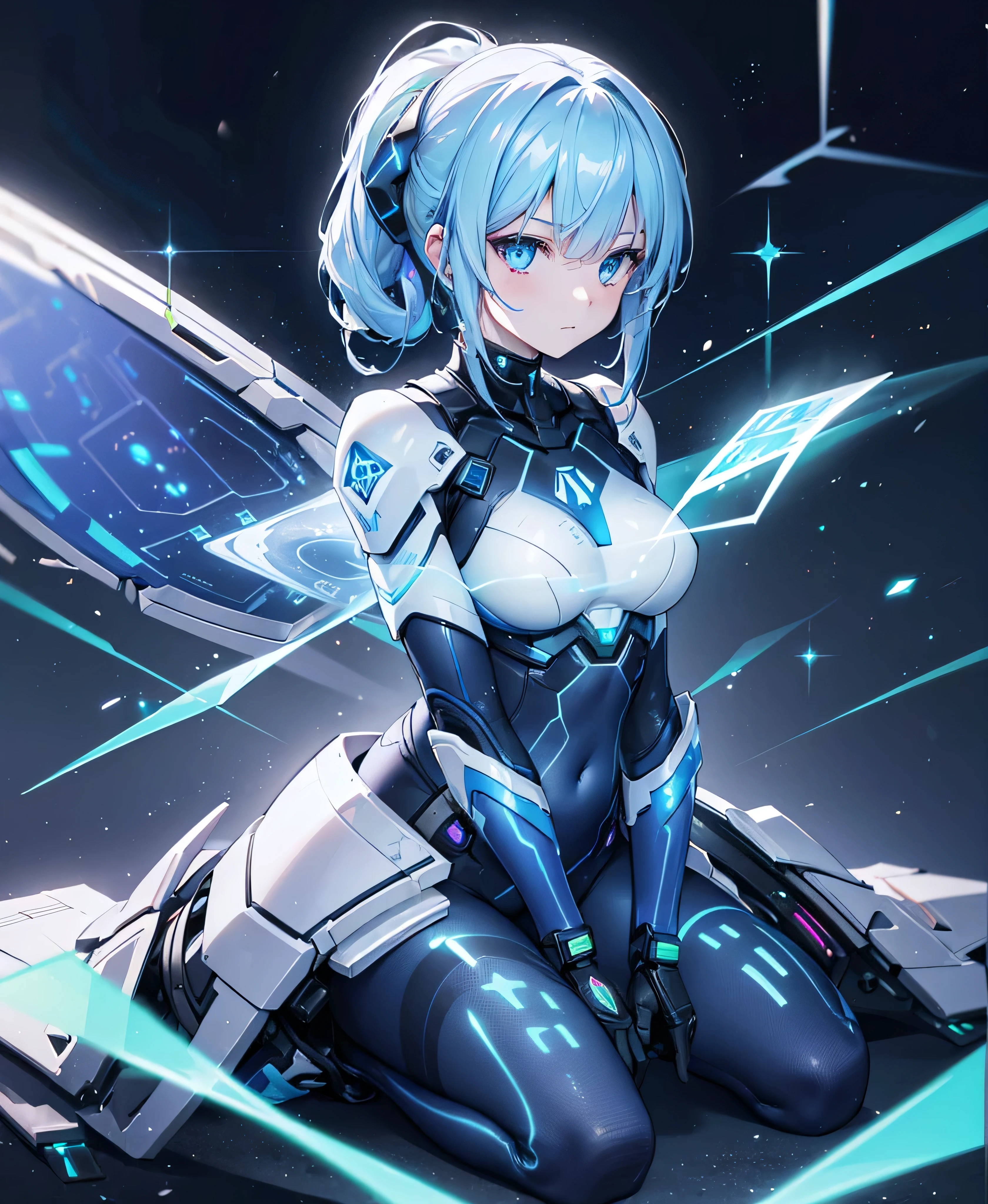 ((Holographic glow effect)),8k, Highest quality, (real:1.4), Original photo, 1 girl, Asari Hair, Biological Amplifier, refined armor, posture: Peace talks between warring factions, smart blue eyes,whole body