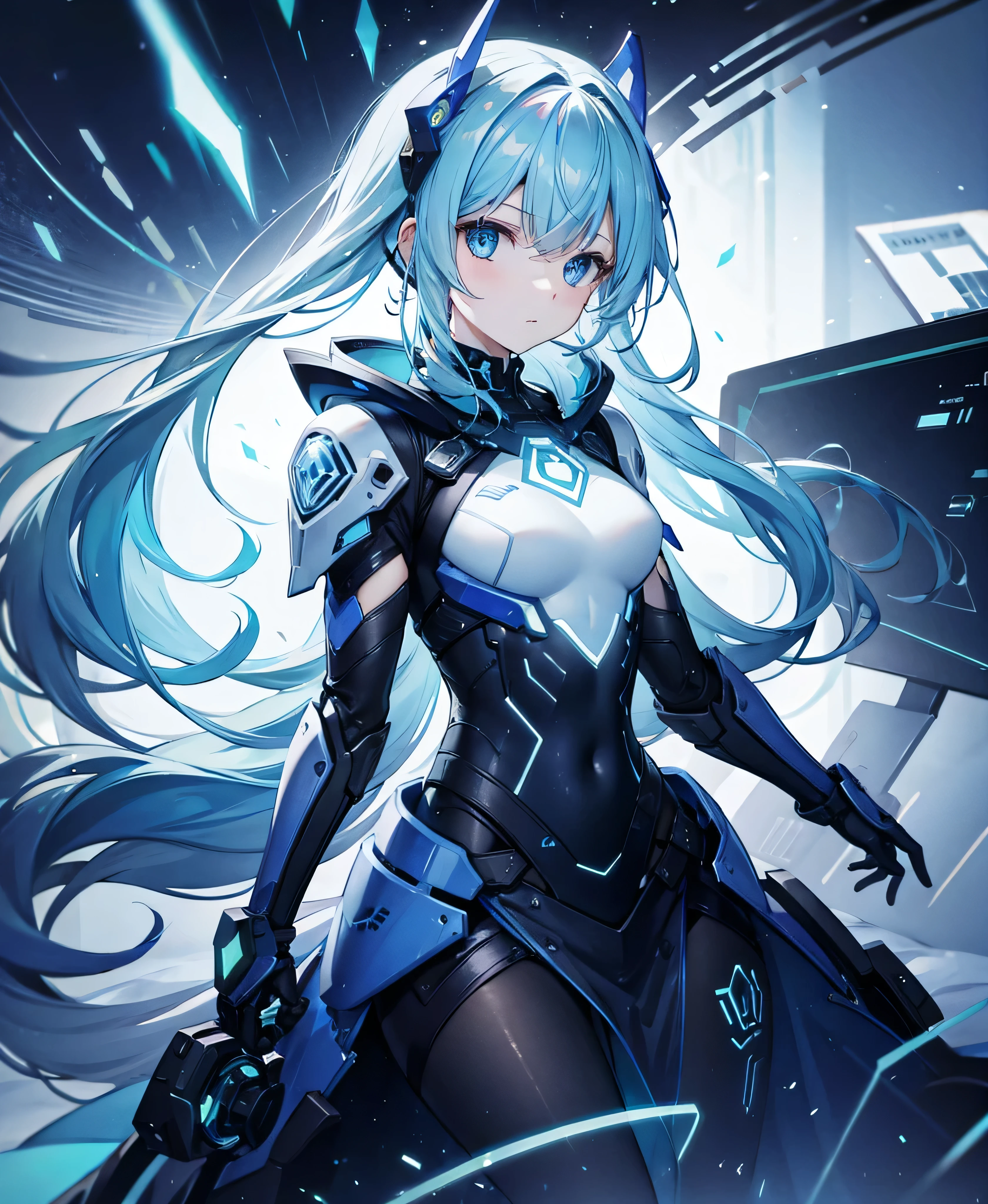 ((Holographic glow effect)),8k, Highest quality, (real:1.4), Original photo, 1 girl, Asari Hair, Biological Amplifier, refined armor, posture: Peace talks between warring factions, smart blue eyes,whole body