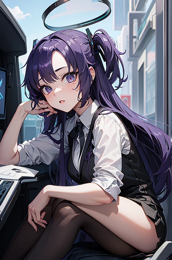 masterpiece, high quality,real picture, intricate details,Black luxury car,1girl,yuuka,Purple hair, halo, Student uniforms,sitting in the car