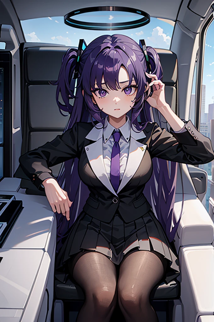 masterpiece, high quality,real picture, intricate details,Black luxury car,1girl,yuuka,Purple hair, halo, Student uniforms,sitting in the car