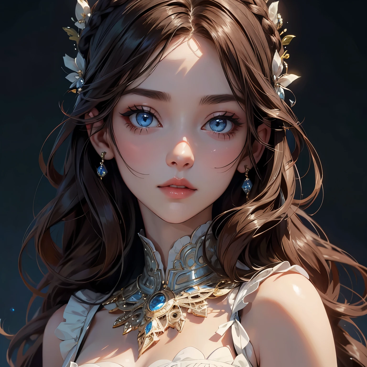 beautiful dress, highly detailed, 1woman, detailed eyes, blue, brunette, intricate