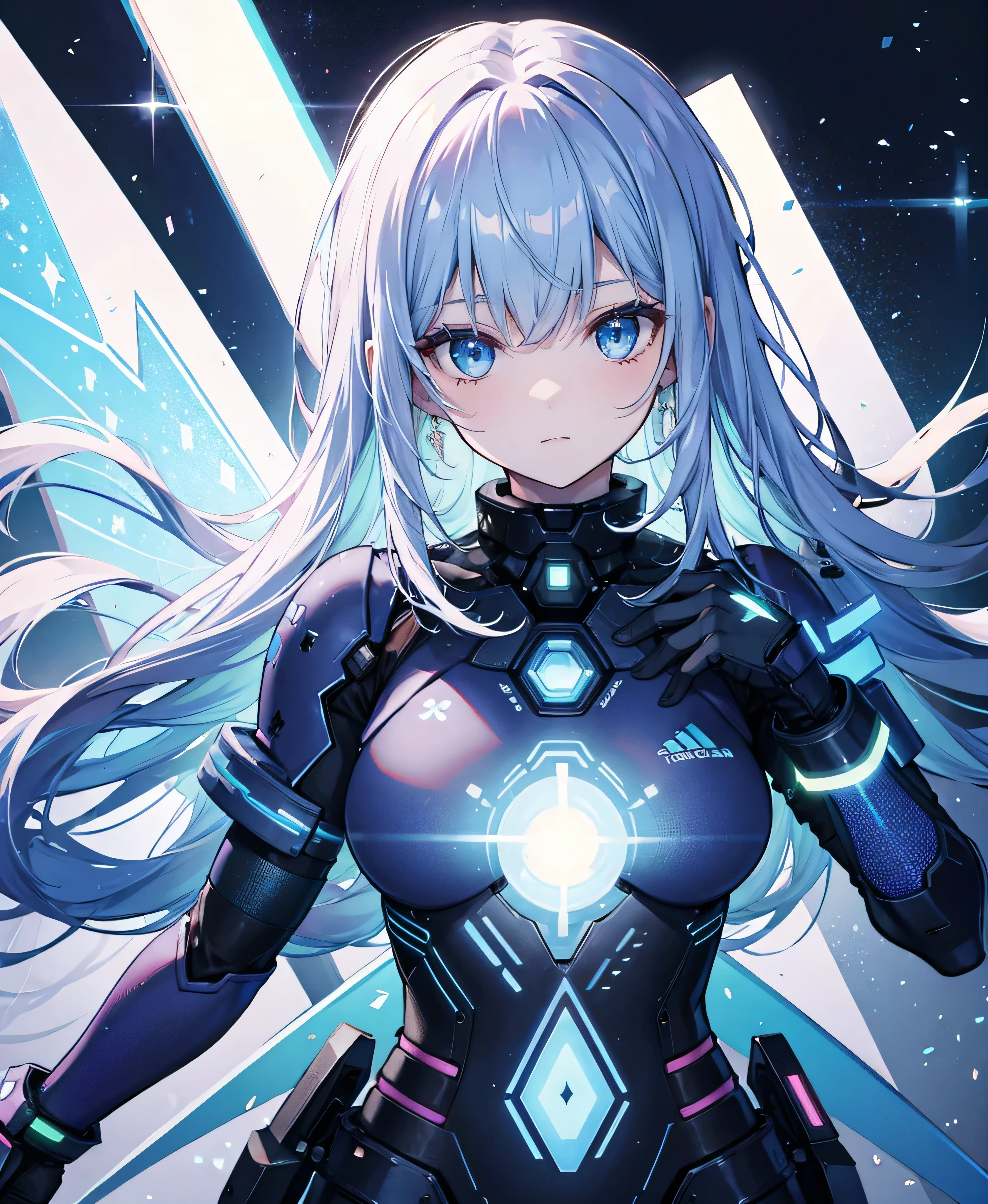 ((Holographic glow effect)),8k, Highest quality, (real:1.4), Original photo, 1 girl, Asari Hair, Biological Amplifier, refined armor, posture: Peace talks between warring factions, smart blue eyes,whole body