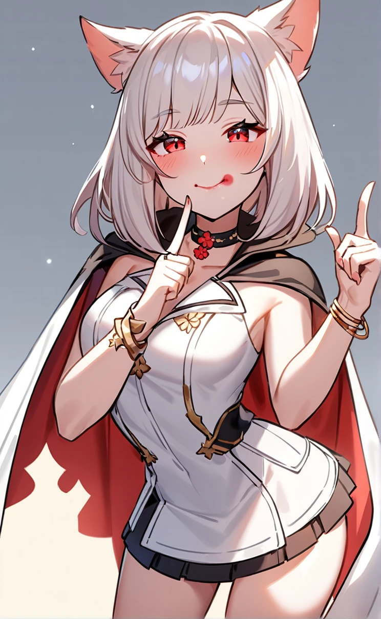 (Fantasy),((Cat girl)), ((One Girl)),Beautiful Face, (Laugh shyly),(Laugh with your mouth wide open),((Tilt your face:1.6)),((Bright red cheeks:1.6)),(Brighten face),(ring),(bracelet), (Floral Choker),High resolution, Highest quality, super high quality,(A girl with white-collared hair),(Medium Short),((Red eyes:1.4)),Young Girl,(from front),(cowboy shot),(put index finger on mouth),with cape,Black and white attire,mini skirt