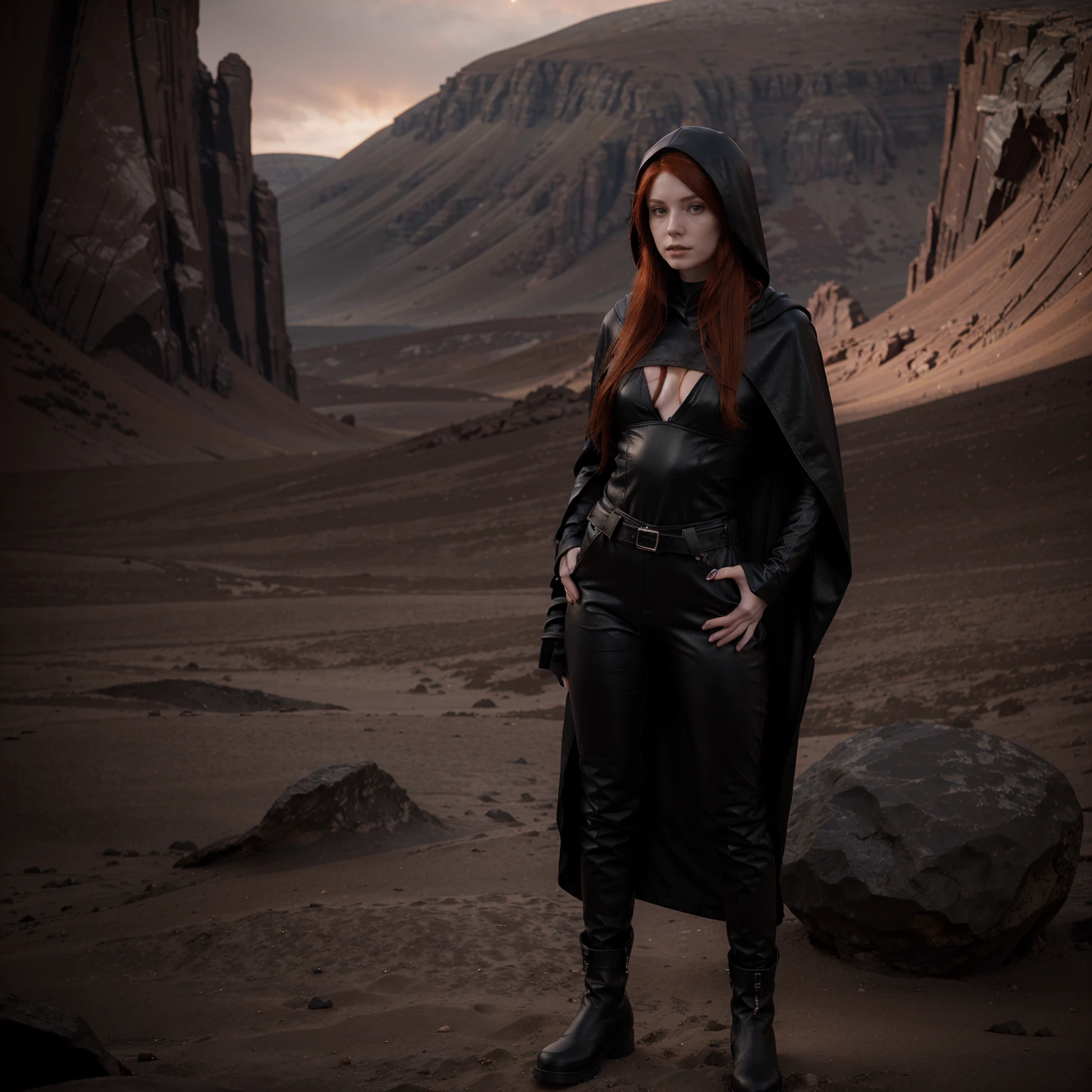 20 year old, woman with very pale skin, long red hair, wearing a hooded long black cloak with the hood up, tight black leather trousers, long leather boots and a black short top with a v neck and large cleavage, she is holding a red lightsaber. she is standing in a rocky desert with a dark red sky and stars