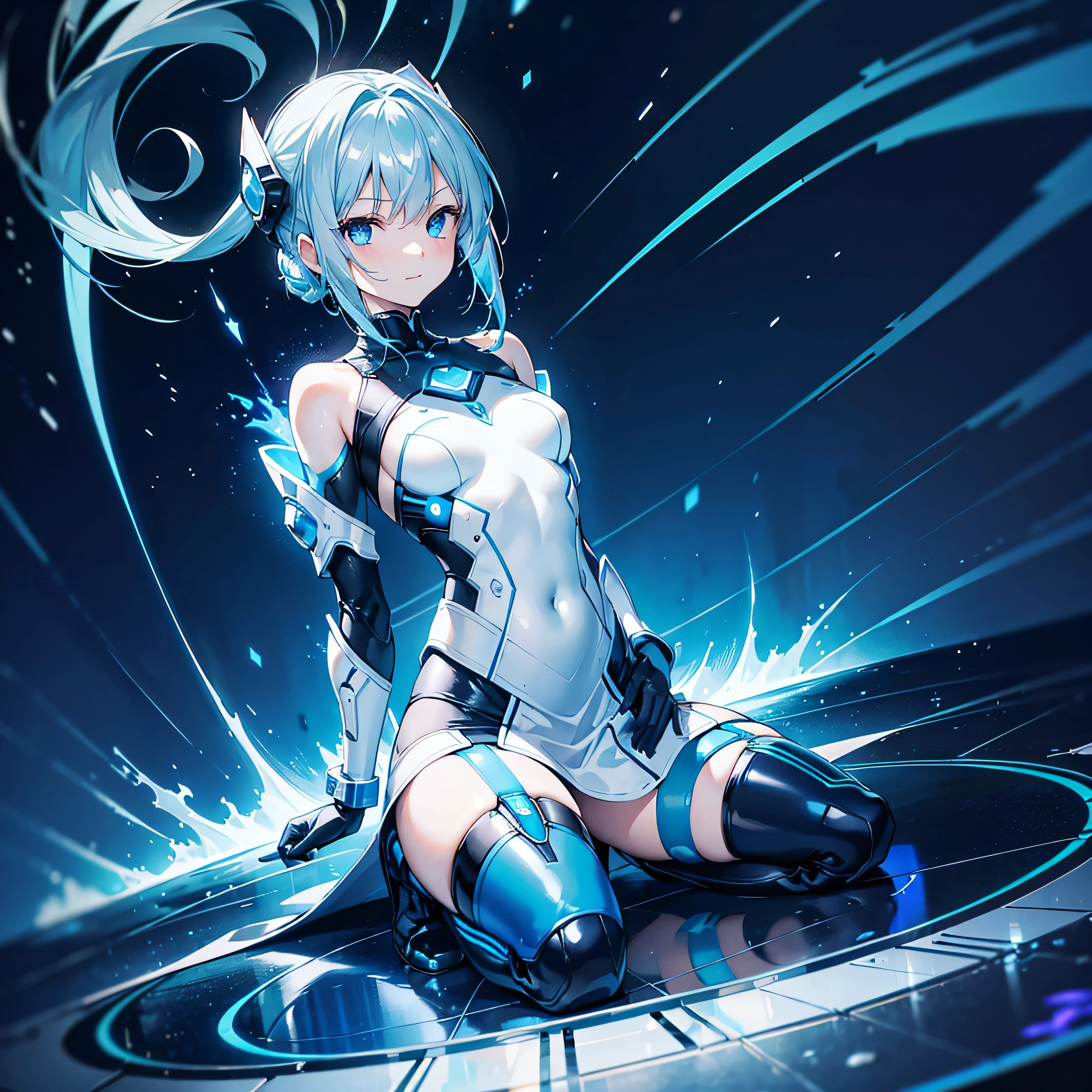 8k, Highest quality, (real:1.4), Original photo, 1 girl, Asari Hair, Biological Amplifier, Very sleek and futuristic armor, posture: Peace talks between warring factions,,attention arousal, smart blue eyes,A modest smile,Knee-high boots,Patent-look blue tights,Blue big moon and blue light swirl in the background,Blue light from behind,blue light magic,A small, glowing blue ball in the palm of your hand,Blue flame swirl,Blue Comet,Polished floor,