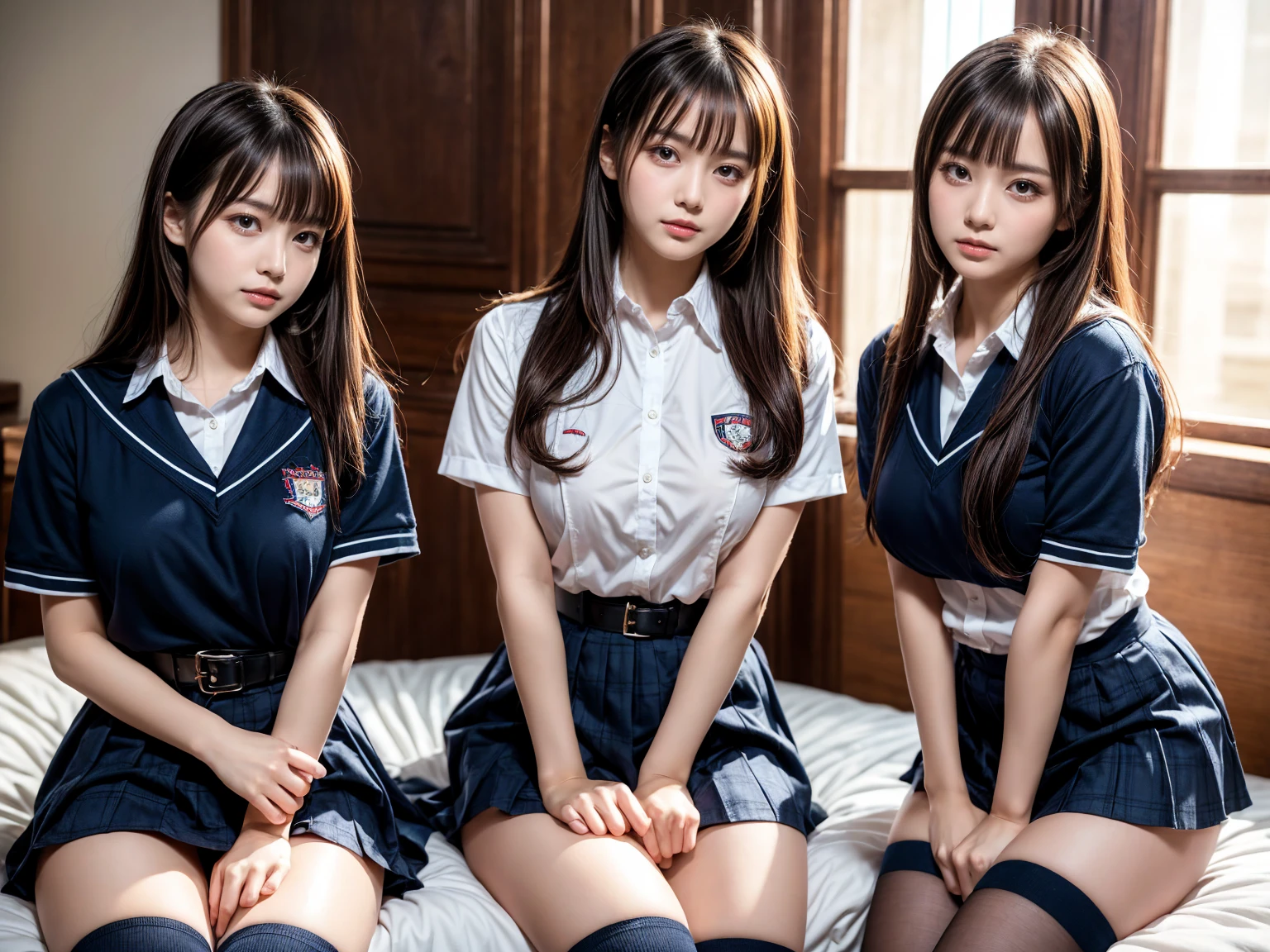 (8K, Raw photography, top-quality, masterpiece:1.2), master piece, best quality, illustration, Super detailed, fine details, High resolution, 8K,wall paper, perfect dynamic composition,(Details High quality, realistic depiction of eyes:1.3), ((2 girls, 2 girls)), The background is a luxury hotel room、High school girl uniform、Super Short Check Uniform Skirt、Navy blue high socks、garterbelts、Colossal tits、Disturbed uniform, Play with each other,Touching each other's bodies,Touching the body of the girl next door, short bob hair, black hair color, huge breasts, Big Natural Color Lip, bold sexy pose, (perfect body shape), crying a little、cold gaze, Beautiful makeup,glitter makeup,Cutest 18 years old, beautiful legs, hposing Gravure Idol, Voluptuous thighs
