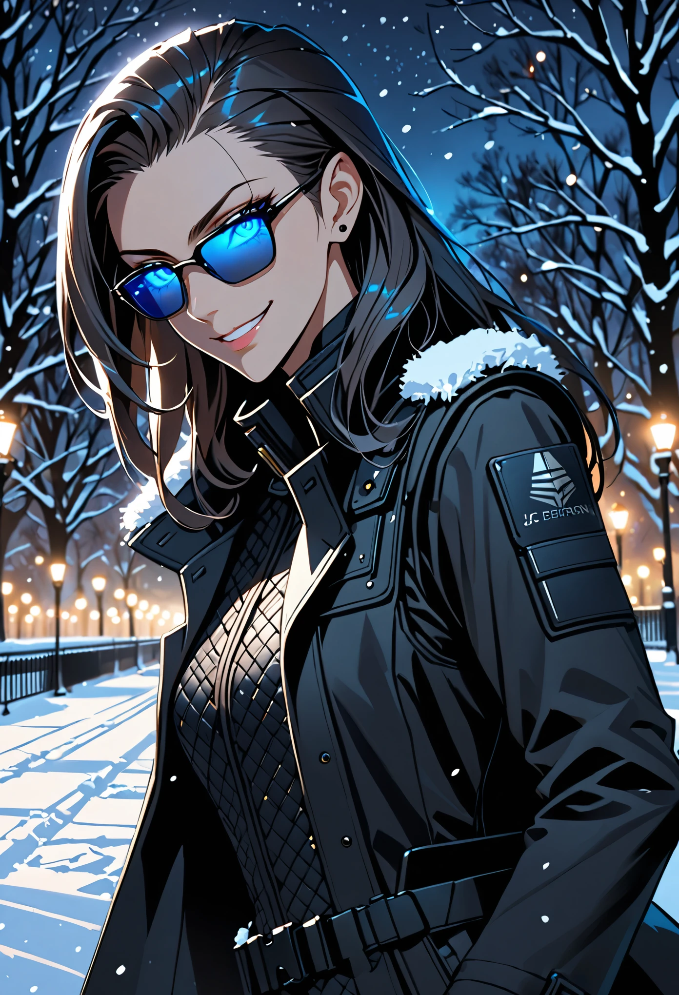 solo, female, tall, glowing blue eyes, slicked back hair, long hair, black trench coat, bullet-proof vest, smirk, black gloves, snow, park, night, JC Denton, subtle circuitry pattern on sideburns, sunglasses