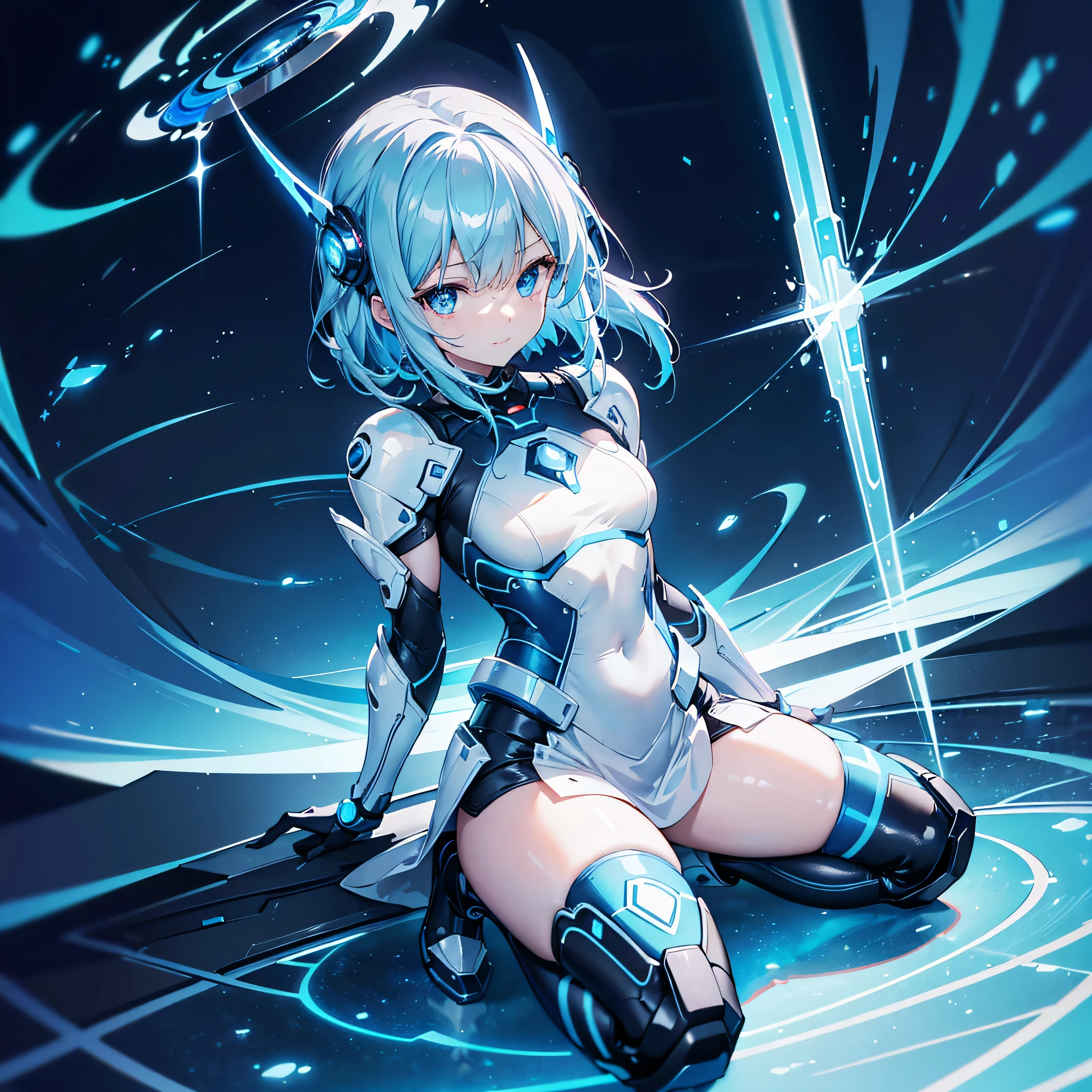 8k, Highest quality, (real:1.4), Original photo, 1 girl, Asari Hair, Biological Amplifier, Very sleek and futuristic armor, posture: Peace talks between warring factions,,attention arousal, smart blue eyes,A modest smile,Knee-high boots,Patent-look blue tights,Blue big moon and blue light swirl in the background,Blue light from behind,blue light magic,A small, glowing blue ball in the palm of your hand,Blue flame swirl,Blue Comet,Polished floor,