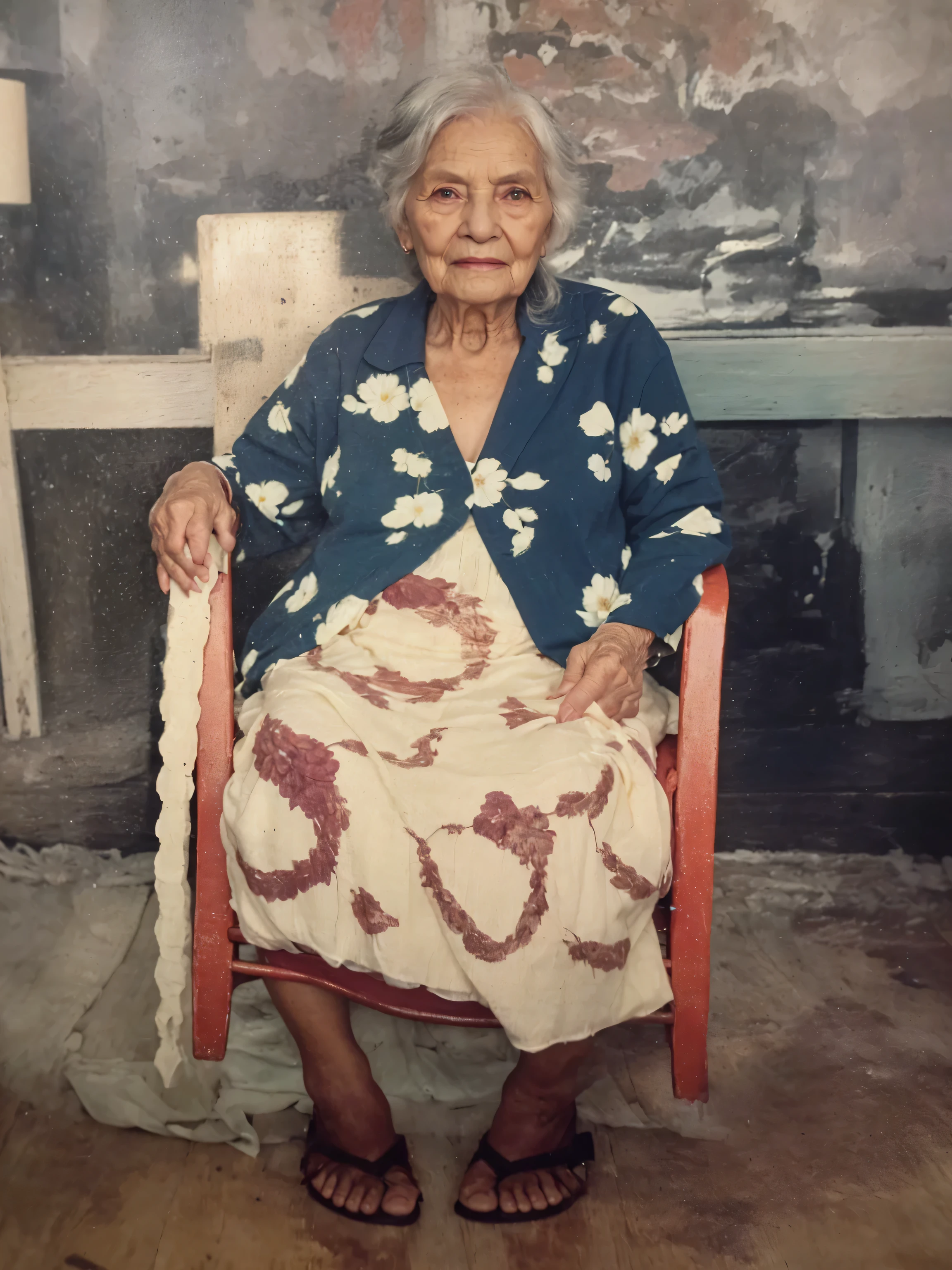 Make this photo realistic and detailed, there is a woman sitting in a chair with a red chair, 8 0 years old woman, an old lady with red skin, old damagaed polaroid photo, an old lady, photo taken in 2 0 2 0, old picture, potrait, photo of a woman, she is about 8 0 years old, old lady, old woman, old photo