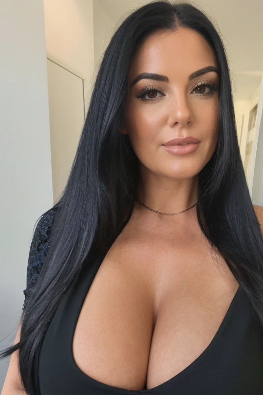 A woman with long black hair and big breasts wearing a black flowered dress in her 50s
