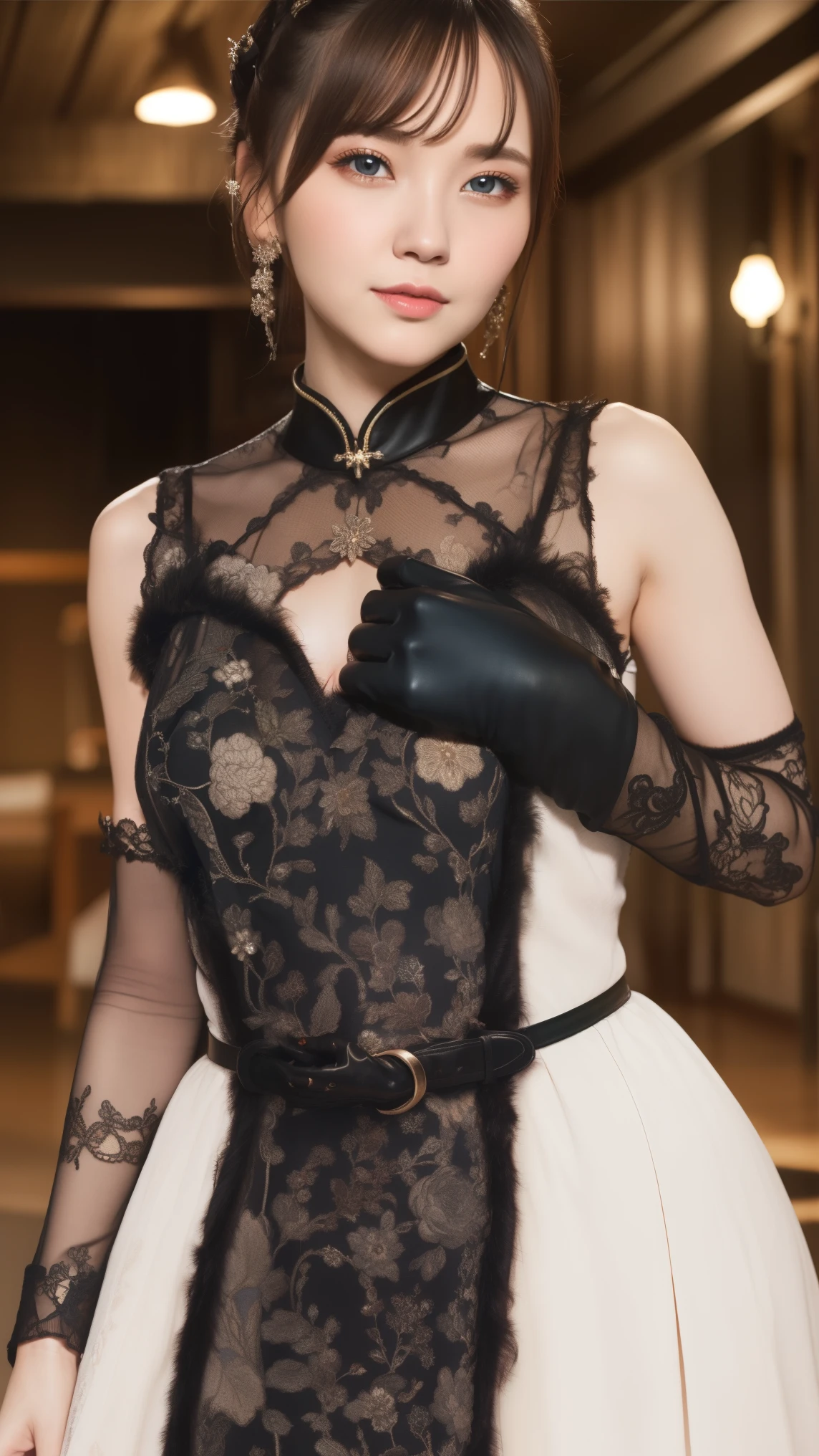 1women,
BREAK bare shoulders, black gloves, chinese clothes, claw ring, detached sleeves, dress, elbow gloves, frilled sleeves, frills, fur collar, gloves, jewelry, pelvic curtain, sleeveless, sleeveless dress, white dress,
BREAK looking at viewer, full body, (cowboy shot:1.5),
BREAK indoors,
BREAK (masterpiece:1.2), best quality, high resolution, unity 8k wallpaper,NSFW ,(illustration:0.8), (beautiful detailed eyes:1.6), extremely detailed face, perfect lighting, extremely detailed CG, (perfect hands, perfect anatomy),