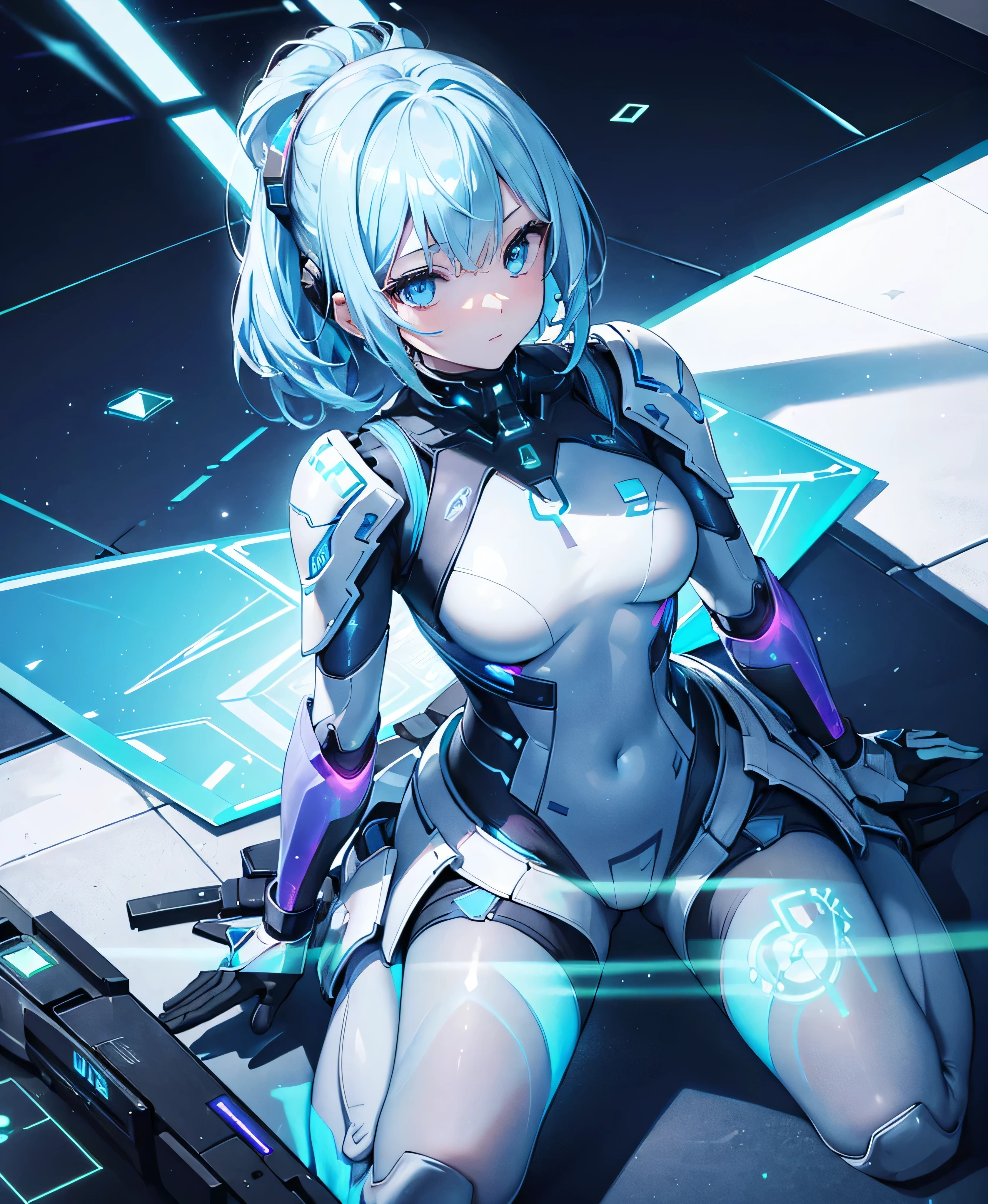((Holographic glow effect)),8k, Highest quality, (real:1.4), Original photo, 1 girl, Asari Hair, Biological Amplifier, refined armor, posture: Peace talks between warring factions, smart blue eyes,whole body