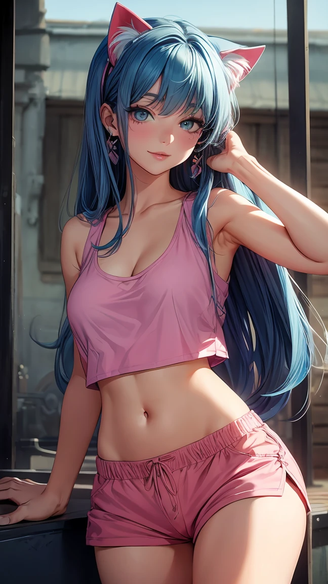 Masterpiece, beautiful art, professional artist, 8k, very detailed face, very detailed hair, very detailed clothes, 1 girl, solo, ((long straight blue hair)), (hazel eyes), ((cat ears)), beautiful face, long eyelashes, natural eyebrows, ((pink short tank top)), ((high-waisted white shorts)), standing, looking at viewer, earrings, ear piercing, large breasts, thick, cleavage, open clothes, pale skin, flirty smile, juicy lips, posing sexily, sultry eyes, cat girl