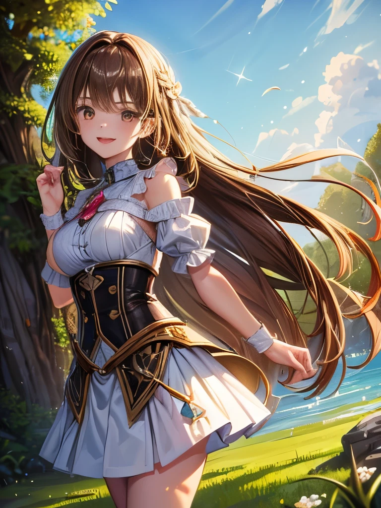 ((Highest quality))) (((High resolution))) (((8k))) ((Ultra high definition)) (character) 20-year-old girl, ((Adventurous)) Fairy, ((beautiful)) and ((Happy)), ((Brown Hair)) and ((Long Hair)).