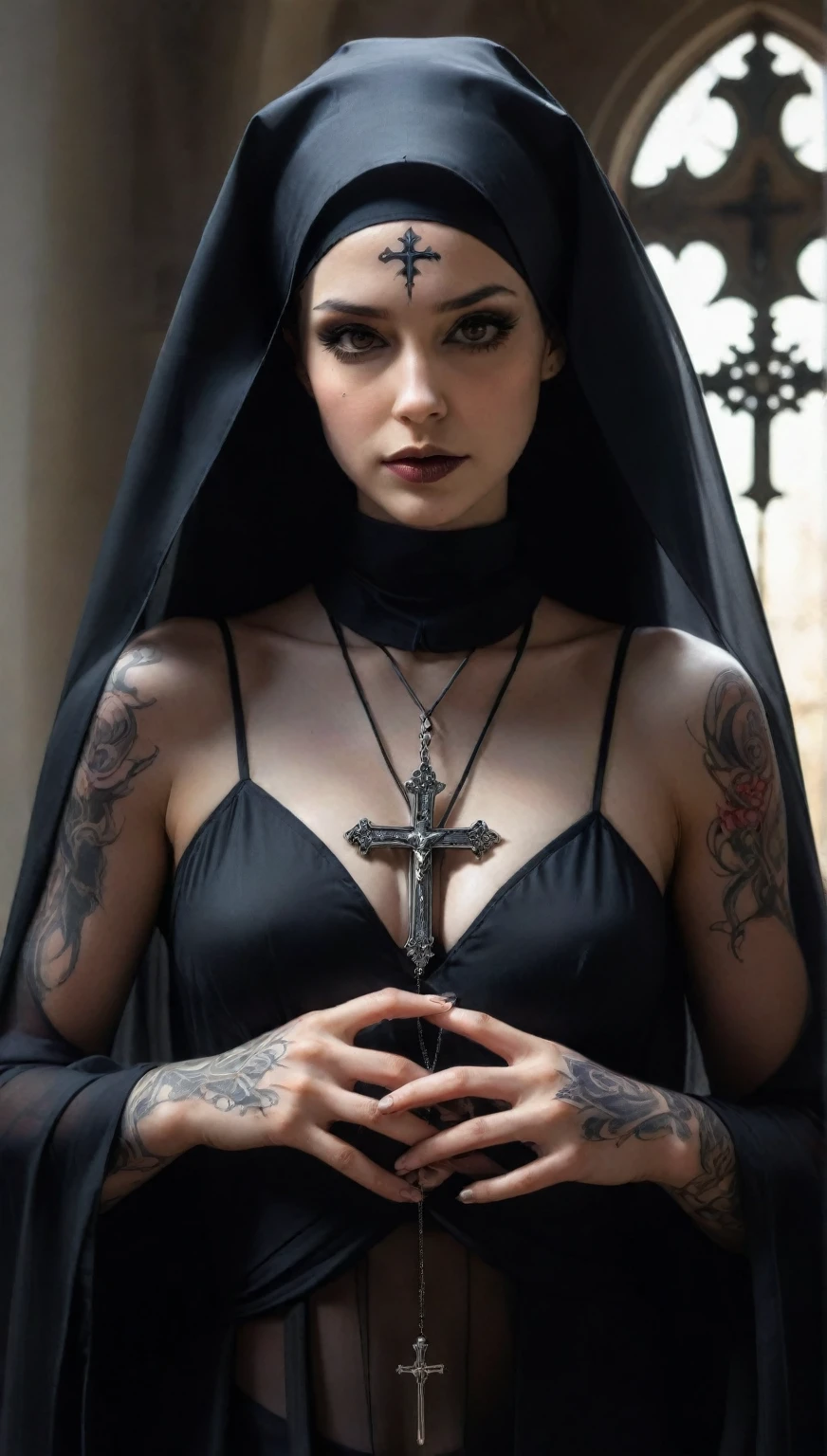 a close up of a woman in a A nun's outfit holding a cross, a nun фотомодель, a nun фотомодель looking up, in the style of Anne Stokes, Karol Buck from Emma Watson, a nun, A nun's outfit, inspired by Hedy Xandt, вампир-a nun, Gothic tattoos, Gothic art style, Wearing a cross on a robe, majestic saint woman, gothic horror atmosphere, Gothic style