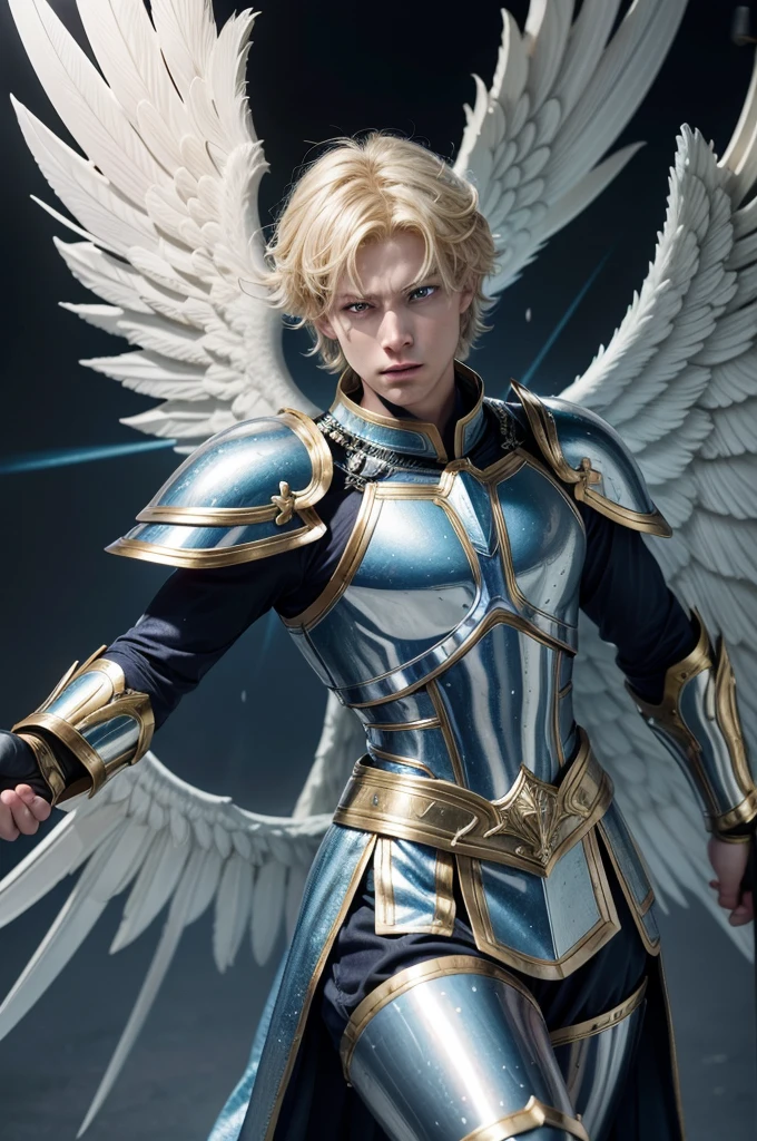 Make the image of Archangel Michael. It has light blue armor with gold in the style of the Roman Empire. He has blonde hair, white skin and blue eyes. It has large white wings. In one hand he has a scale and in the other he has a long sword in one hand about to strike someone on the ground. The scenario is clear