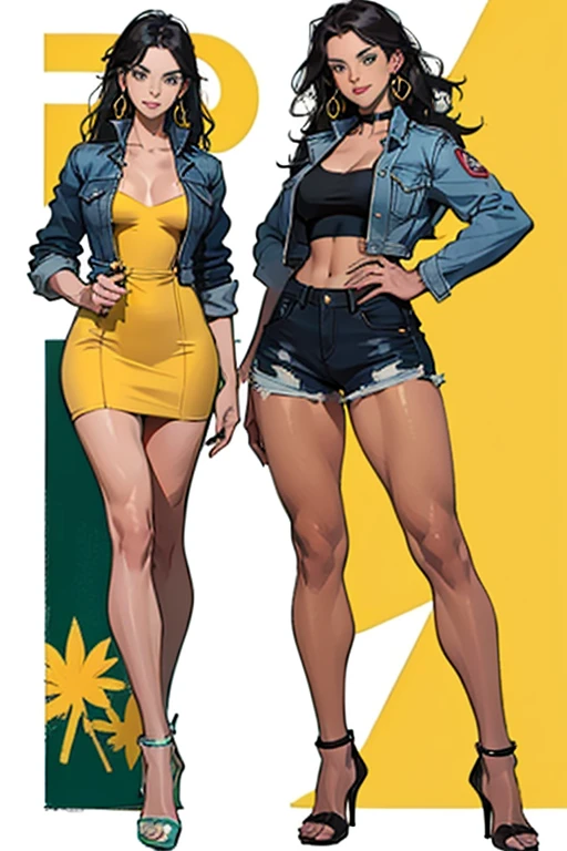 ((full body:1.4)),A (beautiful),(athletic)22 yo woman, with wavy black hair, and green eyes. Gorgeous hour glass figure, shapely toned legs, perfect round ass, natural perky breasts. (Dutch),(suntan).(smile). Denim jacket, yellow dress, high heels.