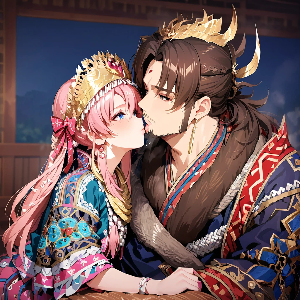 ((Highest quality)), ((masterpiece)), (detailed), （Perfect Face）、The woman is Lacus Clyne, with blue eyes, semi-long pink hair, and is wearing a gorgeous national costume and a gorgeous headdress.、She kisses her husband, a dignified, bearded, middle-aged emperor, has sex with him, and makes love to him.