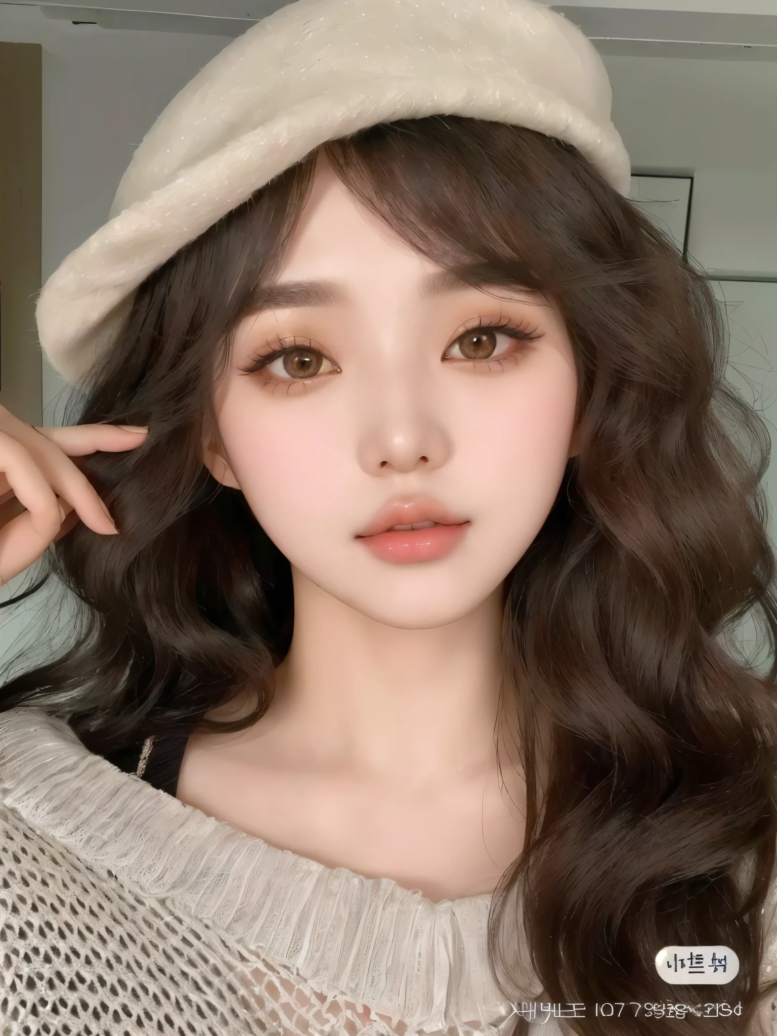 a closeup of a woman with long hair and a hat, popular korean makeup, ulzzang, South Korean popular makeup, Young adorable korean face, korean girl, beautiful aesthetic face, Beautiful young Korean woman, Beautiful young Korean woman, beautiful natural anime face, beautiful south korean woman, beautiful delicate face, korean face features, curly bangs, pale korean adorable face