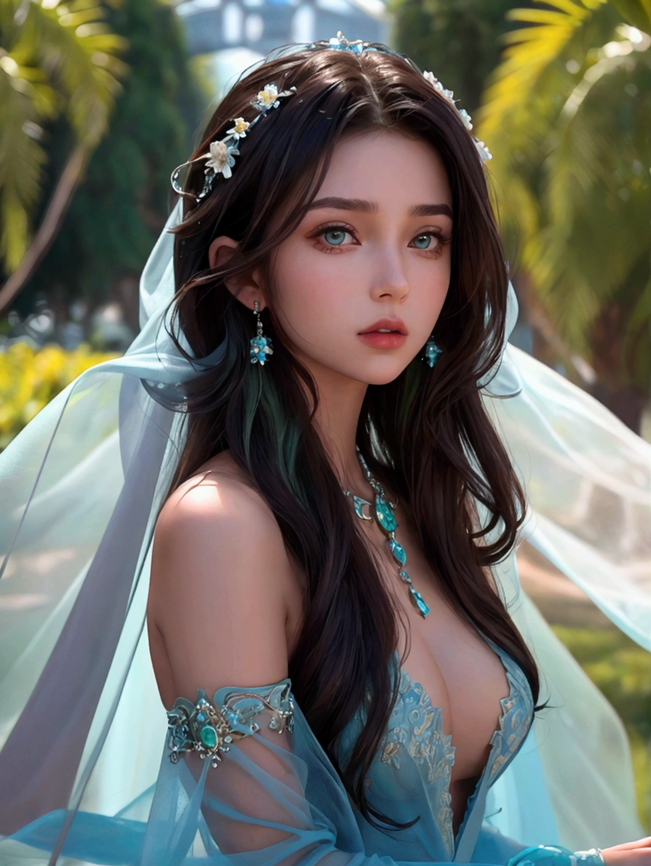 8K hochauflösendes FPV-Cinema Full body Photo , hyper realistic , anatomically perfect , Full body , 18 year old girl from North Africa , Brunette long slightly wavy hair , green eyes with thin eyebrows , Modern jewelry for hair and body , Model poses in light blue transparent fine silk with very discreet underwear , Background white park bridge in a fantastic garden from another world