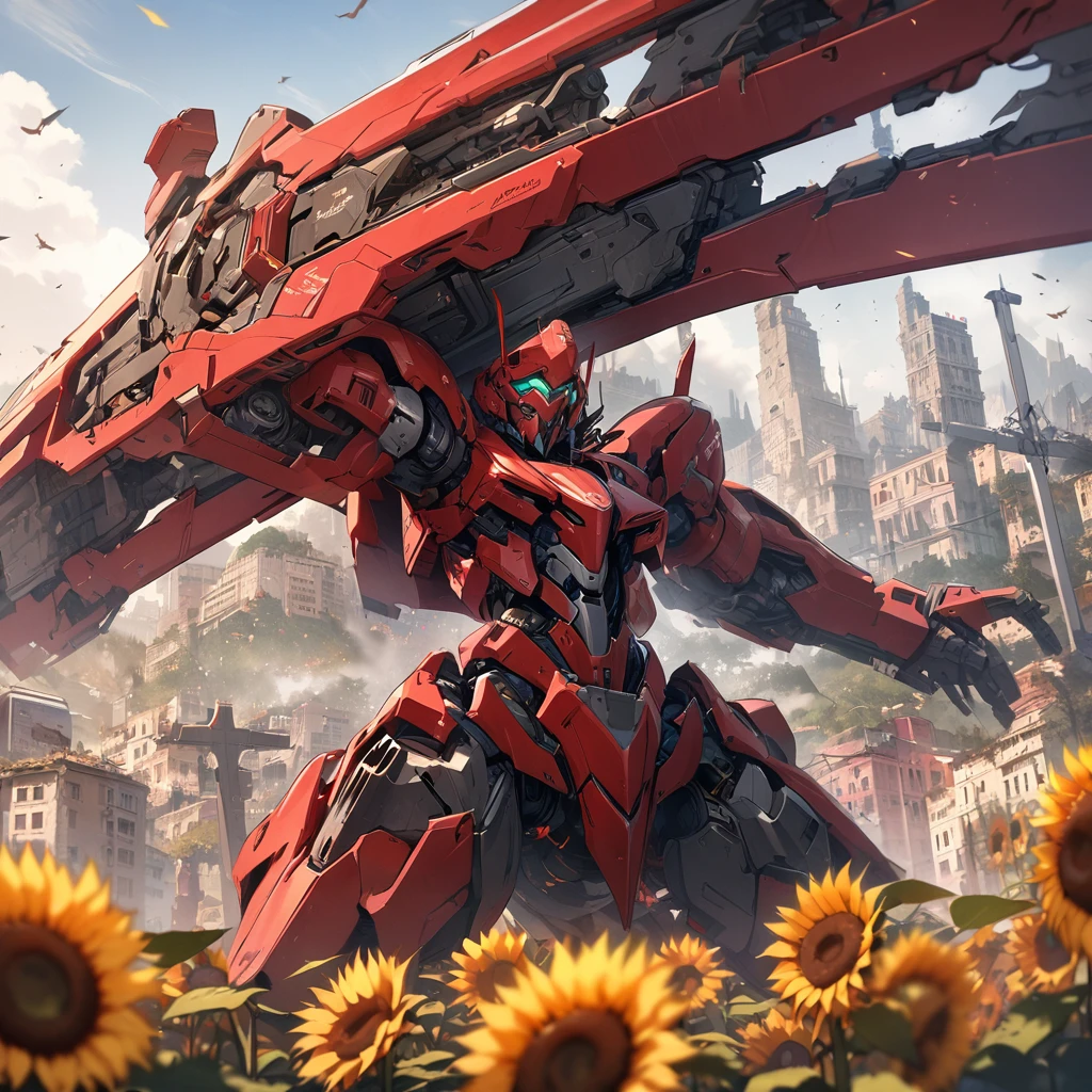 Top quality, masterpiece, high resolution, advanced mechanical technology, giant red mechanical weapon, cross, android, ruined city, sunflower
