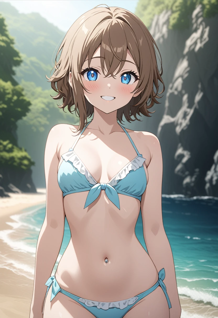 masterpiece, best quality, beautiful, exquisite, insanely detailed, hyper detailed, ultra detailed, beach, , delightful, smiling, looking at viewer, short hair, brown hair, blue eyes, big eyes, bikini, piercing, Japanese idol, on the beach, in the afternoon, cute, beautiful, vibrant academia, in the style of luminosity of water, cell anime, anime, 2d anime, soft-edged, soft surface, half body photo, front view, golden ratio, sunlight,